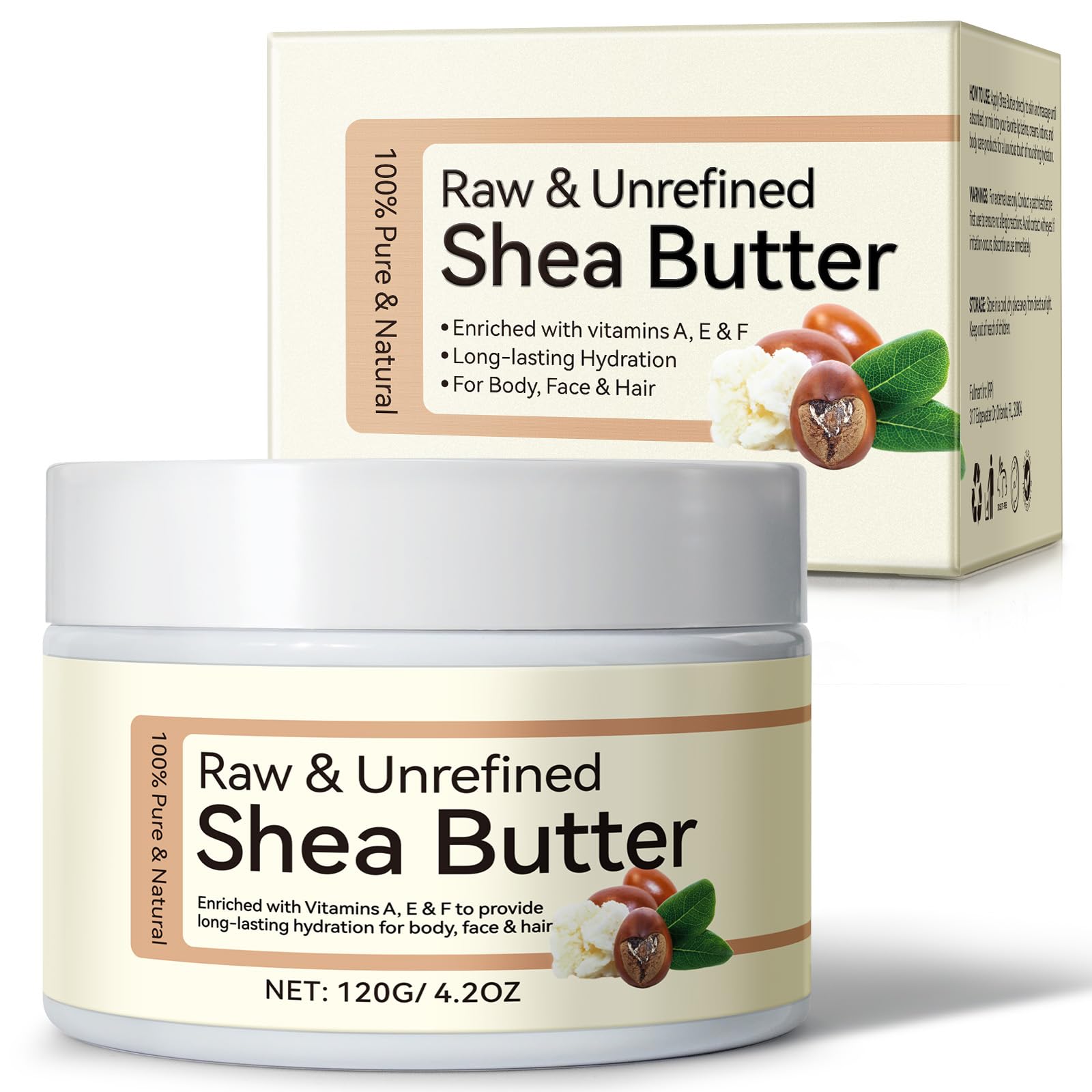 Organic Shea Butter, Raw & Unrefined Shea Butter for Body, Face & Hair, Pure Shea Butter with vitamins A, E & F, Long-Lasting Hydration for Dry Skin, Hair Care, DIY Lip Balm, Natural Moisturizer