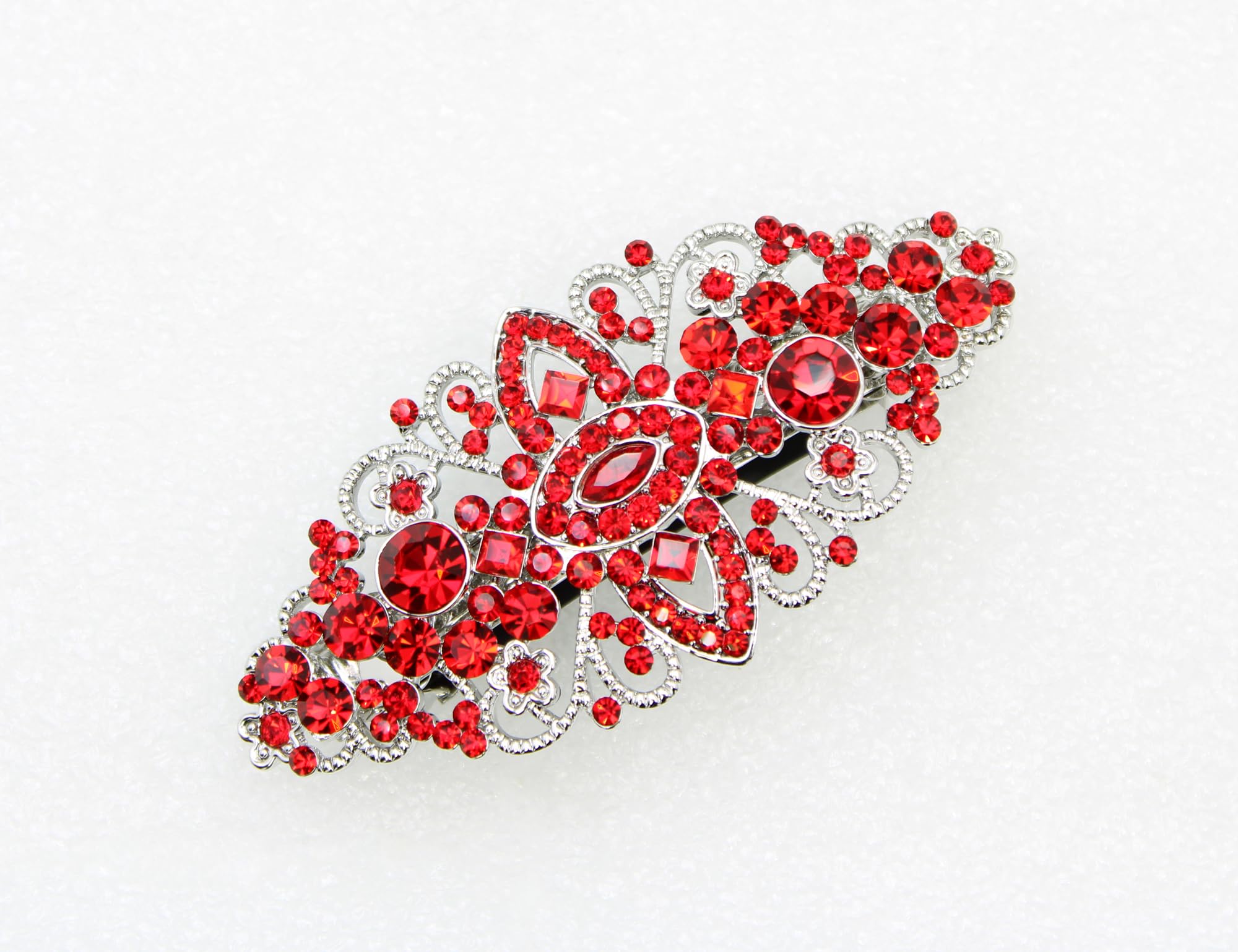 Faship Red Floral Crystal Hair Barrette Clip - Red