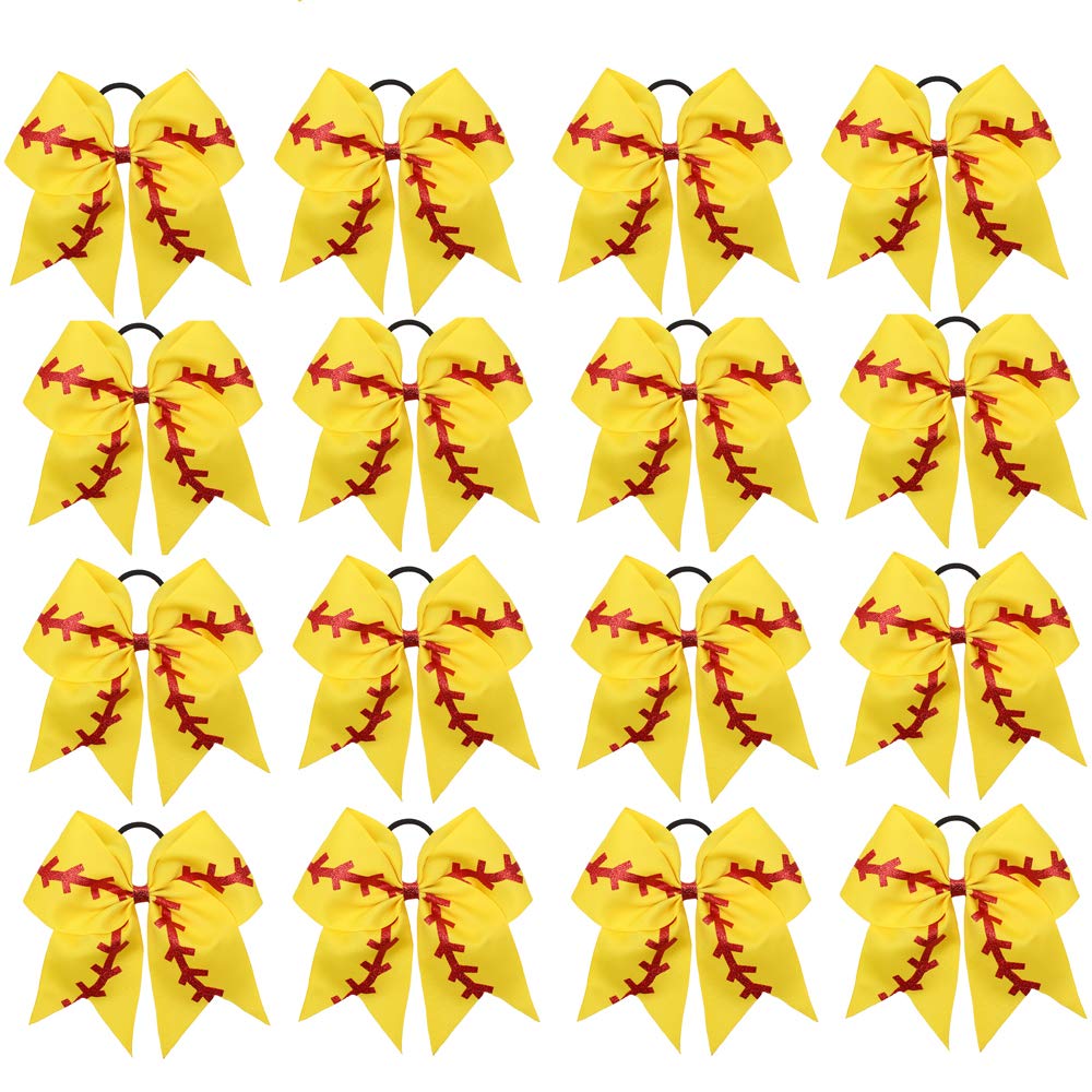 16PCS 8 Large Cheer Hair Bows Ponytail Holder Elastic Band Handmade for Cheerleading Teen Girls College Sports (16 Pcs) (Baseball Yellow)