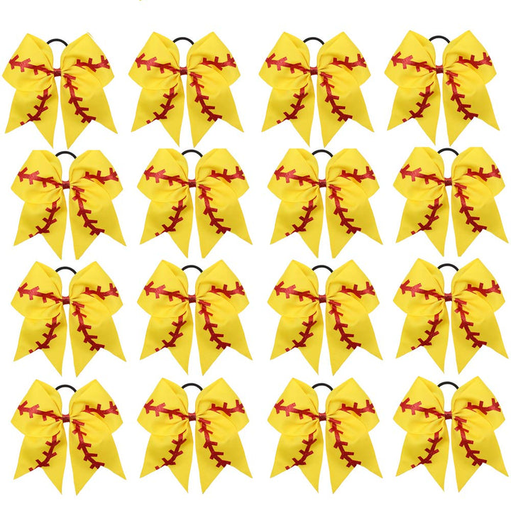 16PCS 8 Large Cheer Hair Bows Ponytail Holder Elastic Band Handmade for Cheerleading Teen Girls College Sports (16 Pcs) (Baseball Yellow)