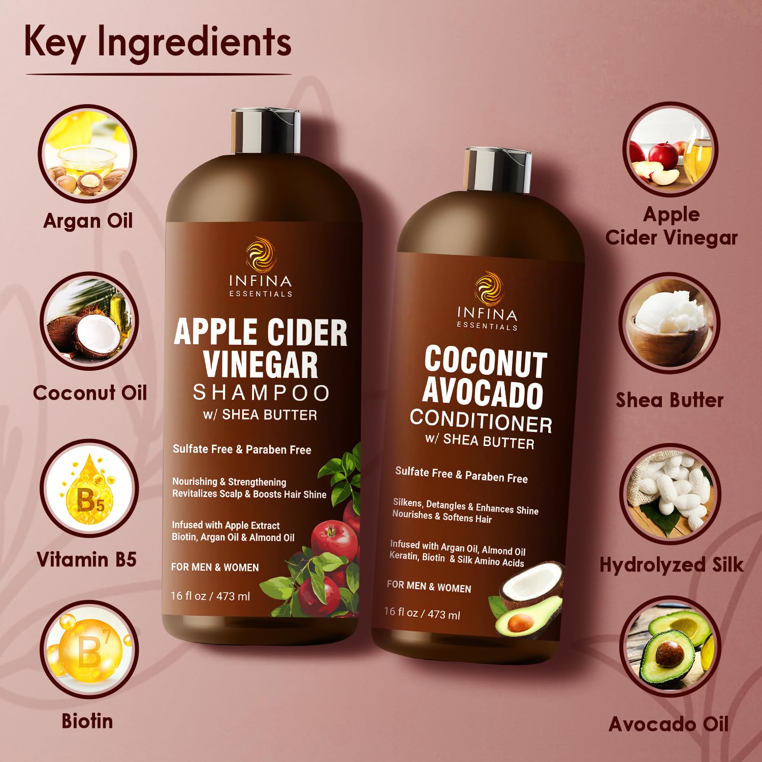 Apple Cider Vinegar Shampoo and Conditioner Set Sulfate Free for Men & Women - Itchy Scalp Shampoo w/Moisturizing Coconut Avocado Conditioner - Loc Shampoo and Conditioner for Dreads, 16 fl oz each