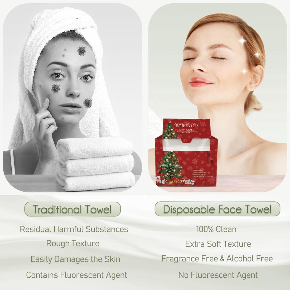 Christmas Style WOWOTEX Disposable Face Towel Biodegradable Large Dry Wipes 60 Count/Box Extra Thick Soft Clean Facial Towels for Sensitive Skin, Makeup Removing, Cleansing, Nursing, 10×12