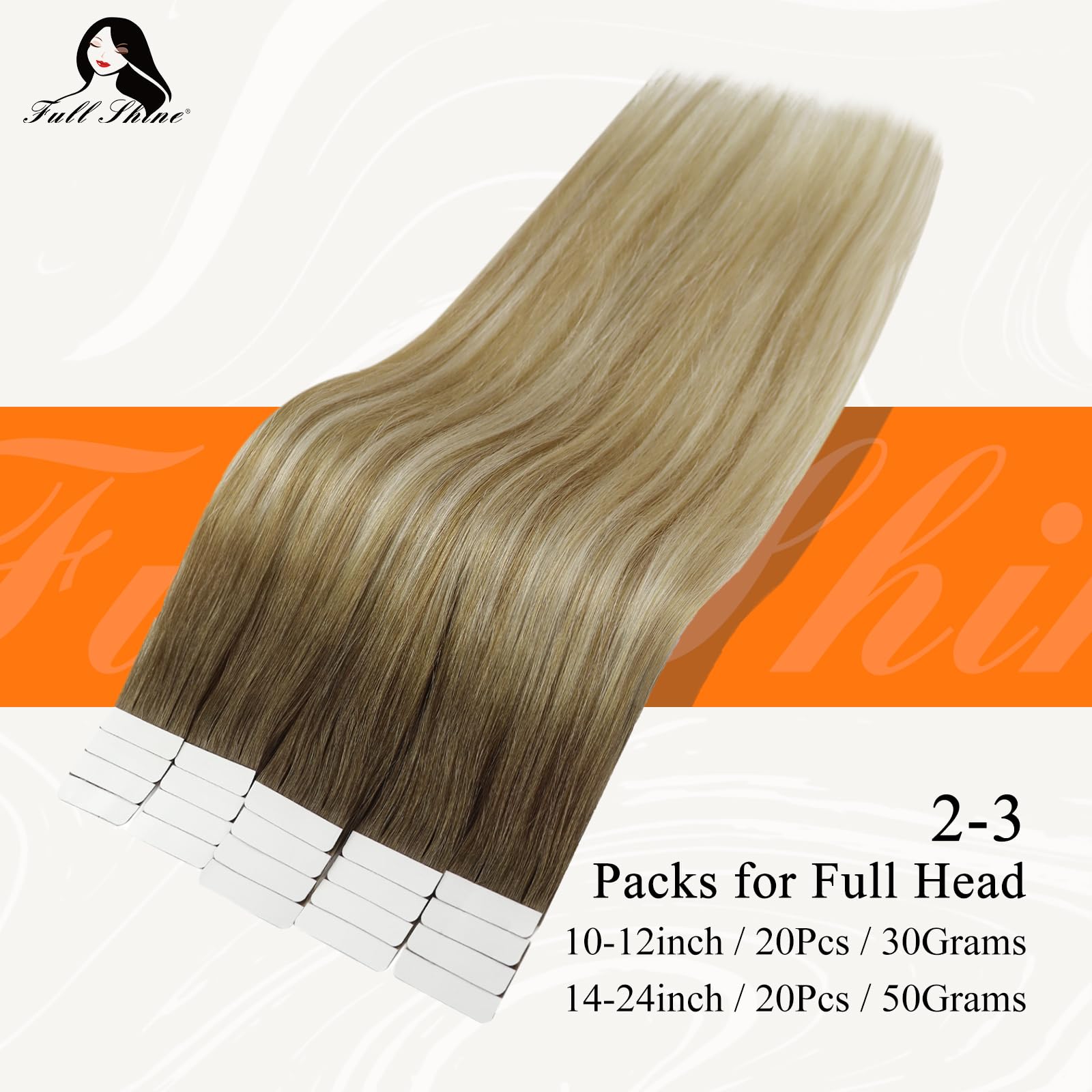 Fshine Tape Hair Extensions Human Hair 16 Inch 50 Grams Tape in Hair Extensions Double Sided Color 6 Fading to 27 Honey Blonde Highlight 60 Blonde Glue in Hair Extensions Skin Weft Hair Extensions