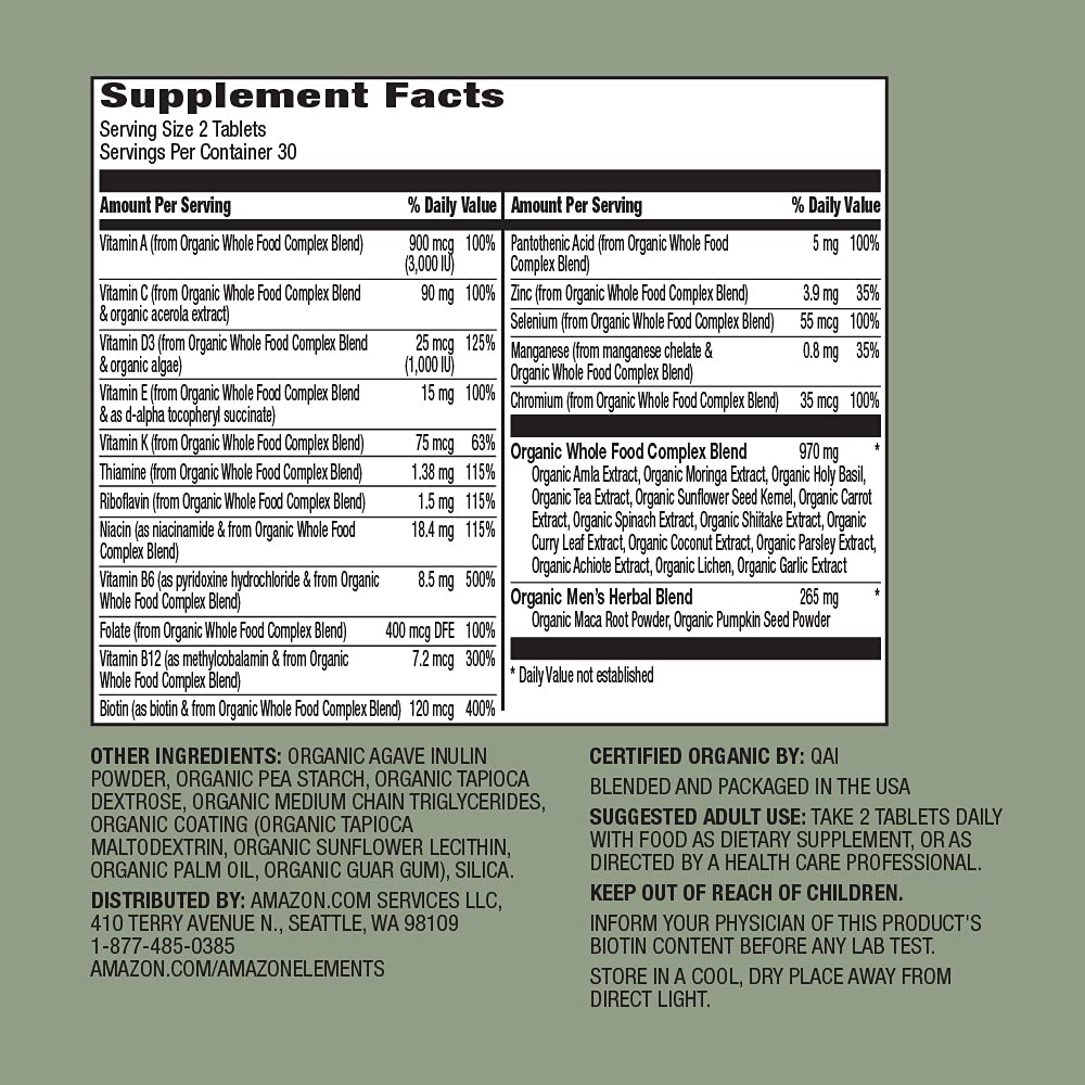 Amazon Elements Organic Whole Food Men's Multi, 60 tablets