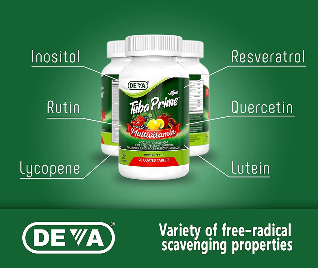 DEVA Tuba Prime Vegan Multivitamin High-Potency Vitamin and Mineral Dietary Supplement Antioxidants, Fruit and Vegetable Blend, Super Mushrooms, Probiotics, Prebiotics, Seeds, Herbs - 90 Tabs, 2-Pack