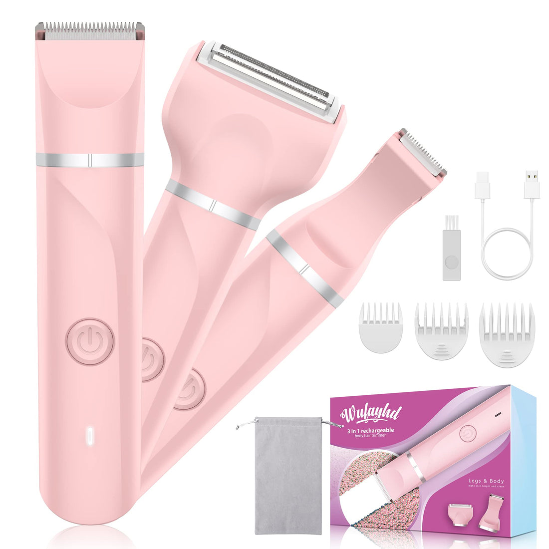 WUFAYHD Electric Razors Shaver for Women, 3 in 1 Bikini Trimmer for Women, IPX7 Waterproof Pubic Hair Trimmer Women Wet & Dry Use, Rechargeable Hair Removal Kit for Face Body Leg Bikini Underarm Arm