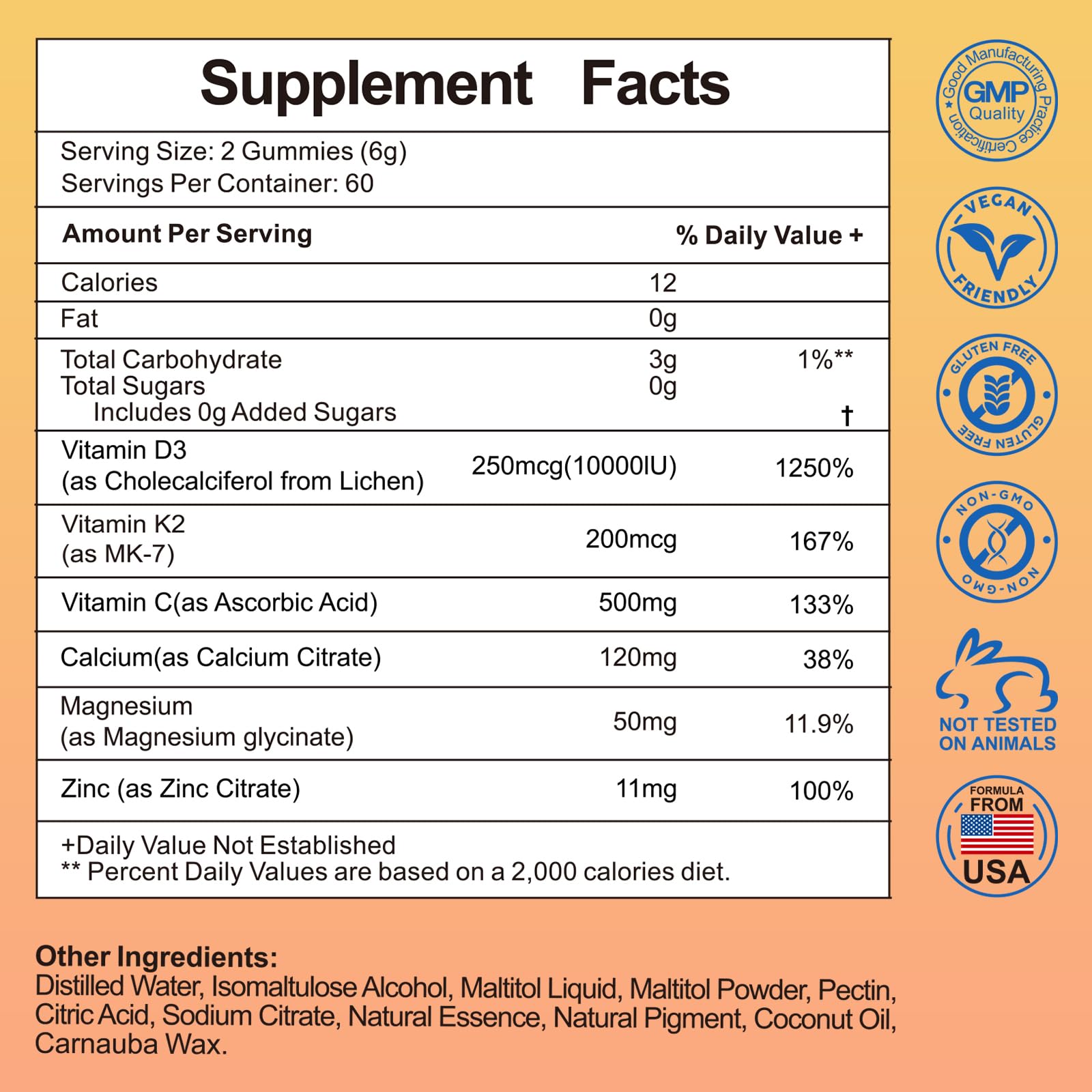 Misyvoing Vitamin D3 K2 Sugar-Free Gummies,Vitamin D3 10000 IU with K2 200mcg,VitaminC,Calcium,Magnesium,Zinc,Support for Bones,Joints,Muscles,Nerves,and Immune System