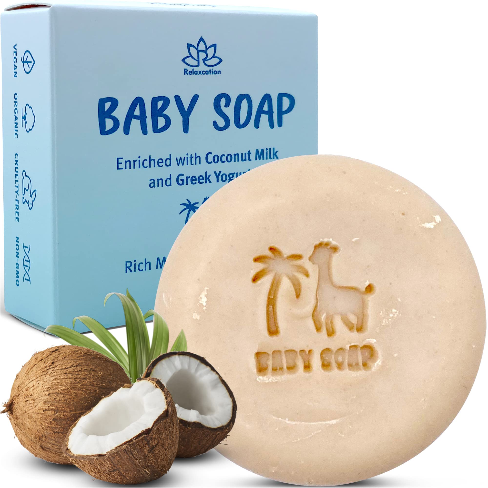 Baby Soap Bar with Greek Yogurt and Coconut Milk - Naturally Cold Processed from Organic Ingredients - Extra Moisturizing Baby's Delicate Skin - Handmade in USA