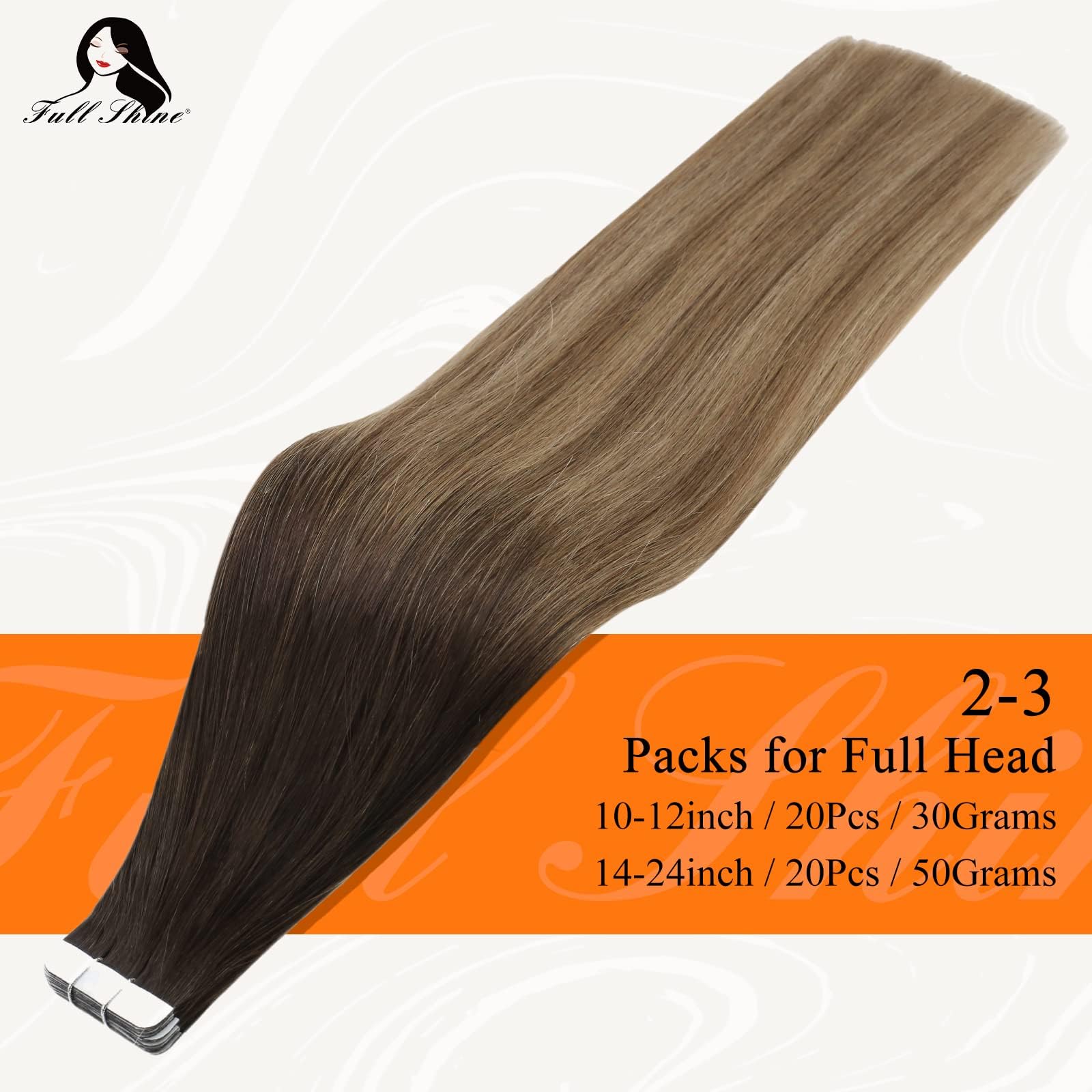 Full Shine 22 Tape in Hair Extensions Human Hair Ombre Balayage Hair Extensions Color #2 Fading to #6 and #18 Ash Blonde Highlighted Extensions Real Hair Glue in Extensions 50g 20Pcs Per Package