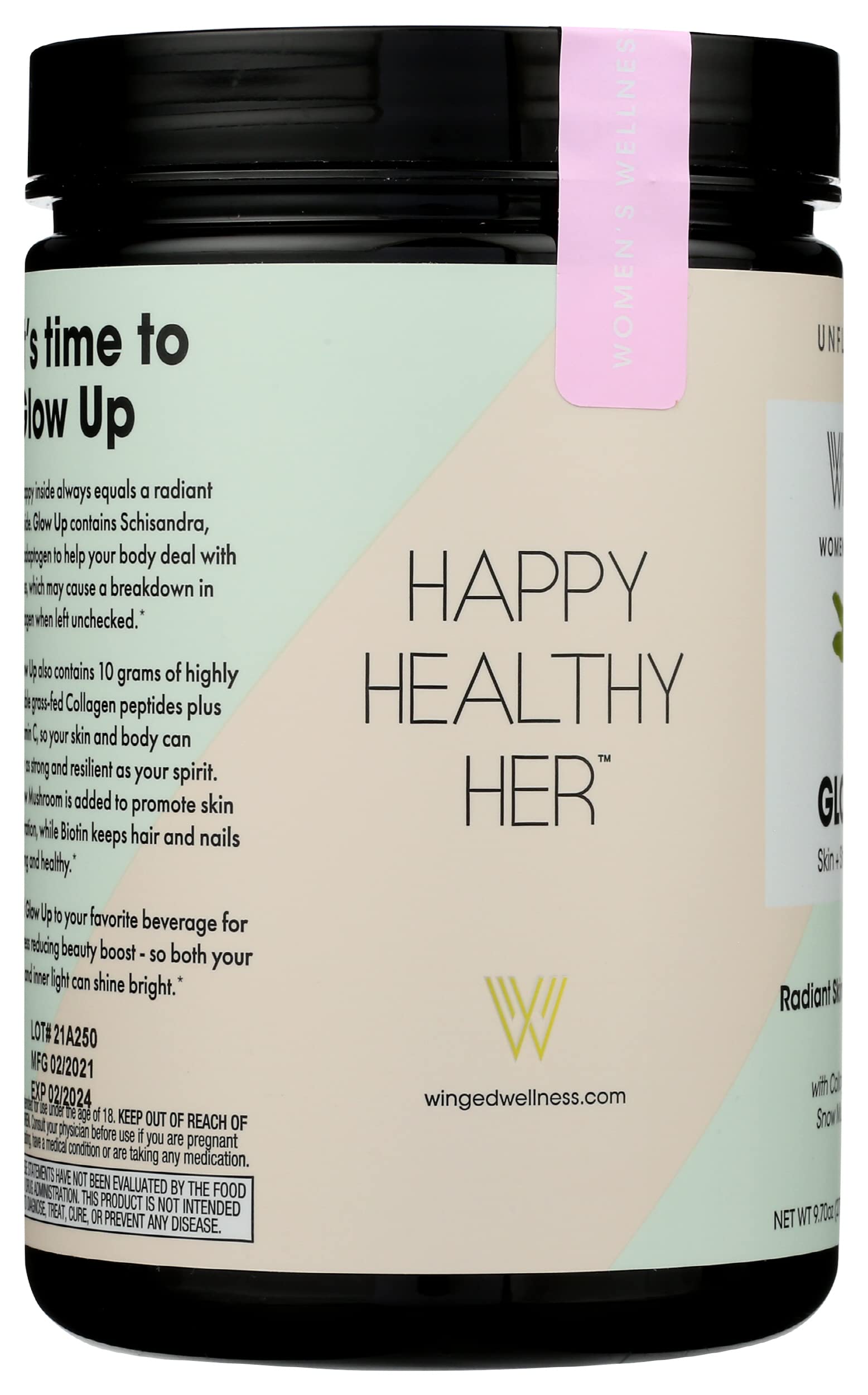 Winged Wellness Glow Up, Collagen Powder for Women - Hair, Skin & Nails Beauty Supplement with Grass-Fed Hydrolyzed Collagen Peptides Adaptogens, Vitamin C & Biotin - 25 Servings, Unflavored