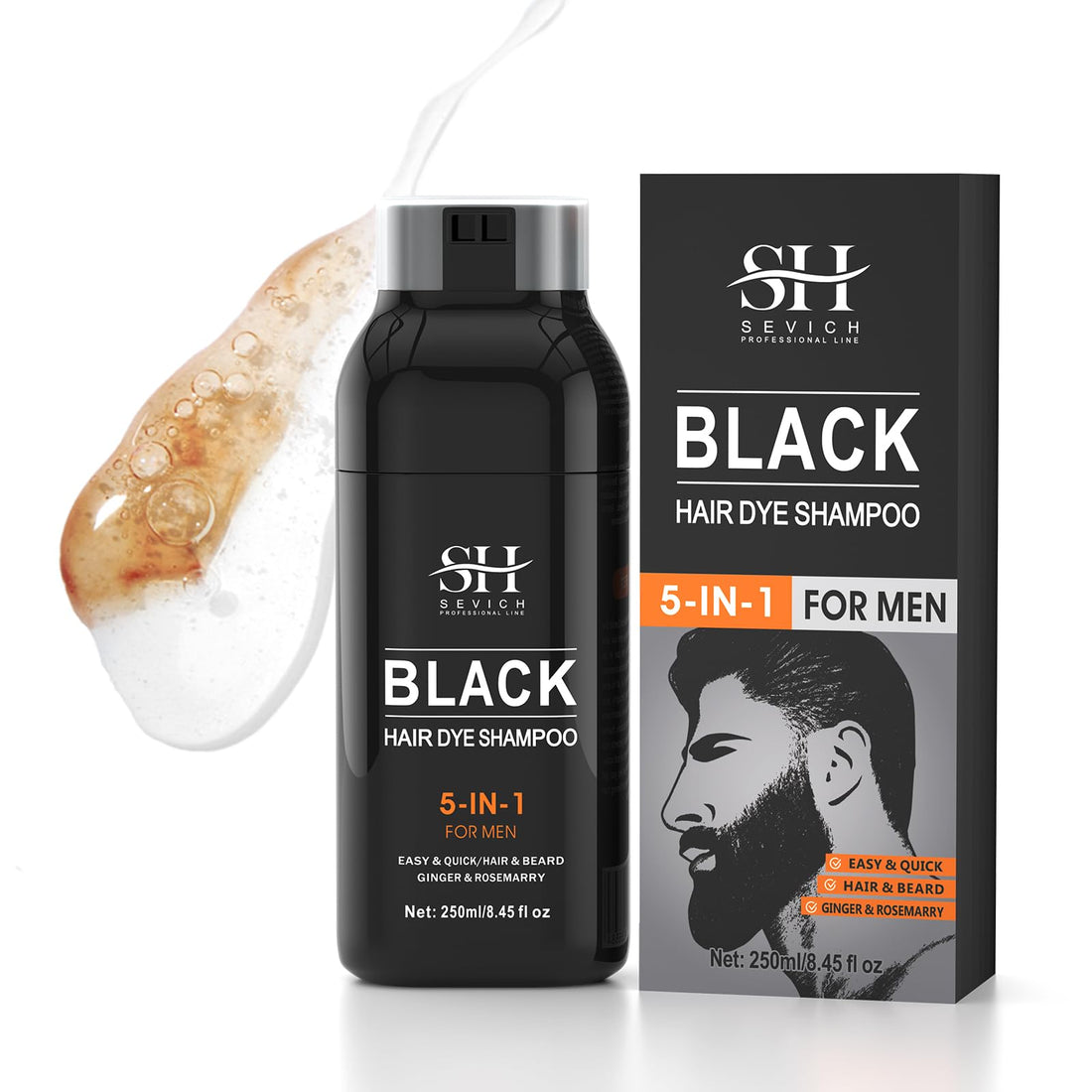 SEVICH Black Hair & Beard Dye Shampoo,Semi Permanent Hair Color,Shampoo for Gray Hair and Beard Coverage for Men, 5 in 1 Dye Shampoo Conditioner with Natural Ingredients, 250ML