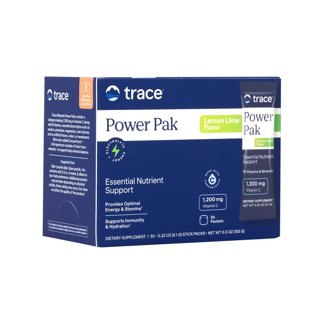 Trace Minerals | Power Pak Electrolyte Powder Packets | 1200 mg Vitamin C, Zinc, Magnesium | Boost Immunity, Hydration and Natural Energy | Lemon Lime | 30 Packets