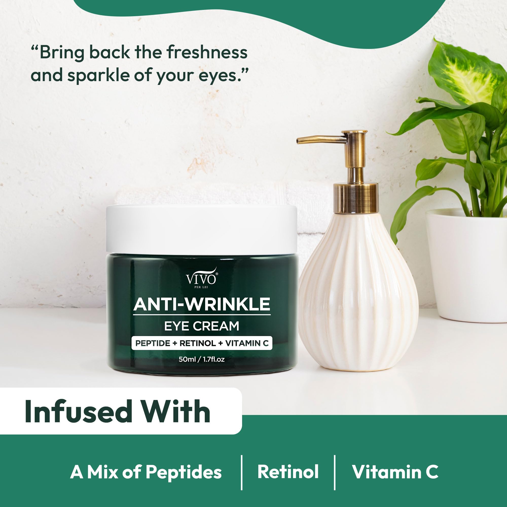 Vivo Per Lei Vitamin C Eye Cream - Retinol Eye Cream for Wrinkles - Moisturizing Eye Cream for Puffiness and Bags Under Eyes - Anti Aging Eye Cream with Peptides - 1.7 Fl. Oz.