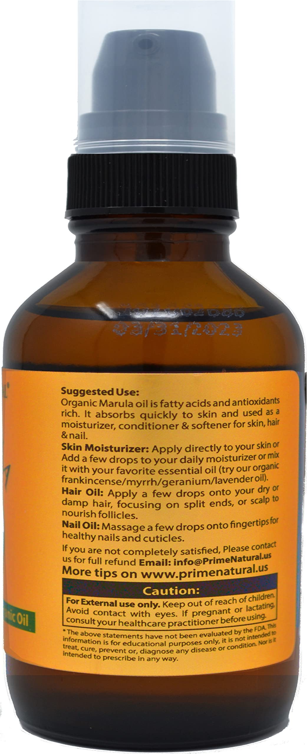 PRIME NATURAL Organic Marula Oil 4oz/120ml - USDA Certified - Cold Pressed, Unrefined, Virgin - 100% Pure, Natural, Vegan, Best for Face, Body, Hair, Nails, Skin Care