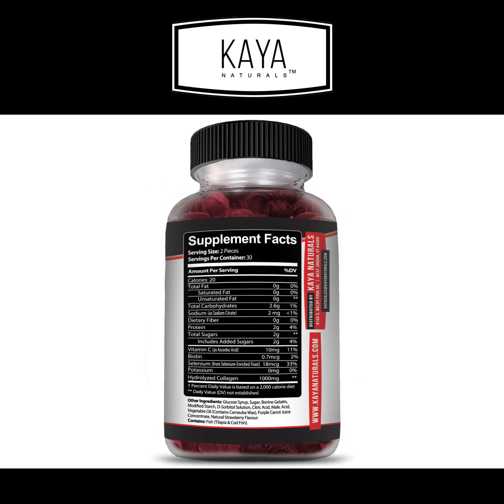 Kaya Naturals Collagen Gummies for Men & Women Supplement | Nature Made Gummies - 1000mg of Hydrolyzed Collagen, Vitamin C, Selenium & Biotin, Strawberry Flavor - 60 Count Gummies