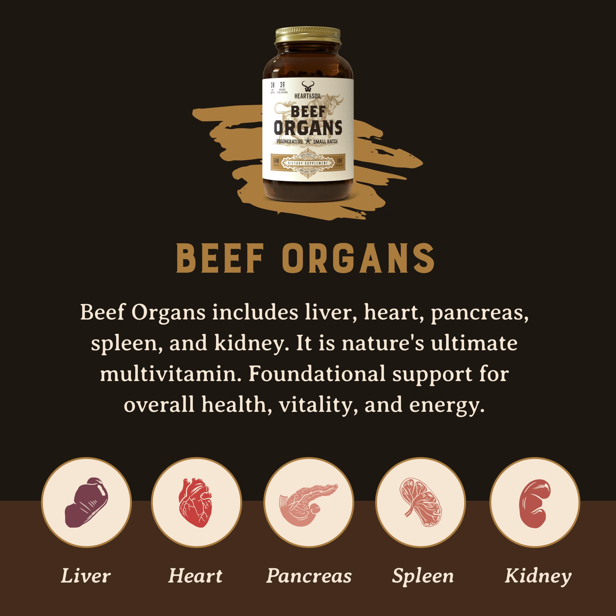 HEART & SOIL – 3000mg Grass-Fed Beef Organ Supplement for Women & Men with Liver, Heart, Kidney, Pancreas & Spleen for Full-Body Nutrition & Energy – Non-GMO, Allergen-Free – 180 Capsules