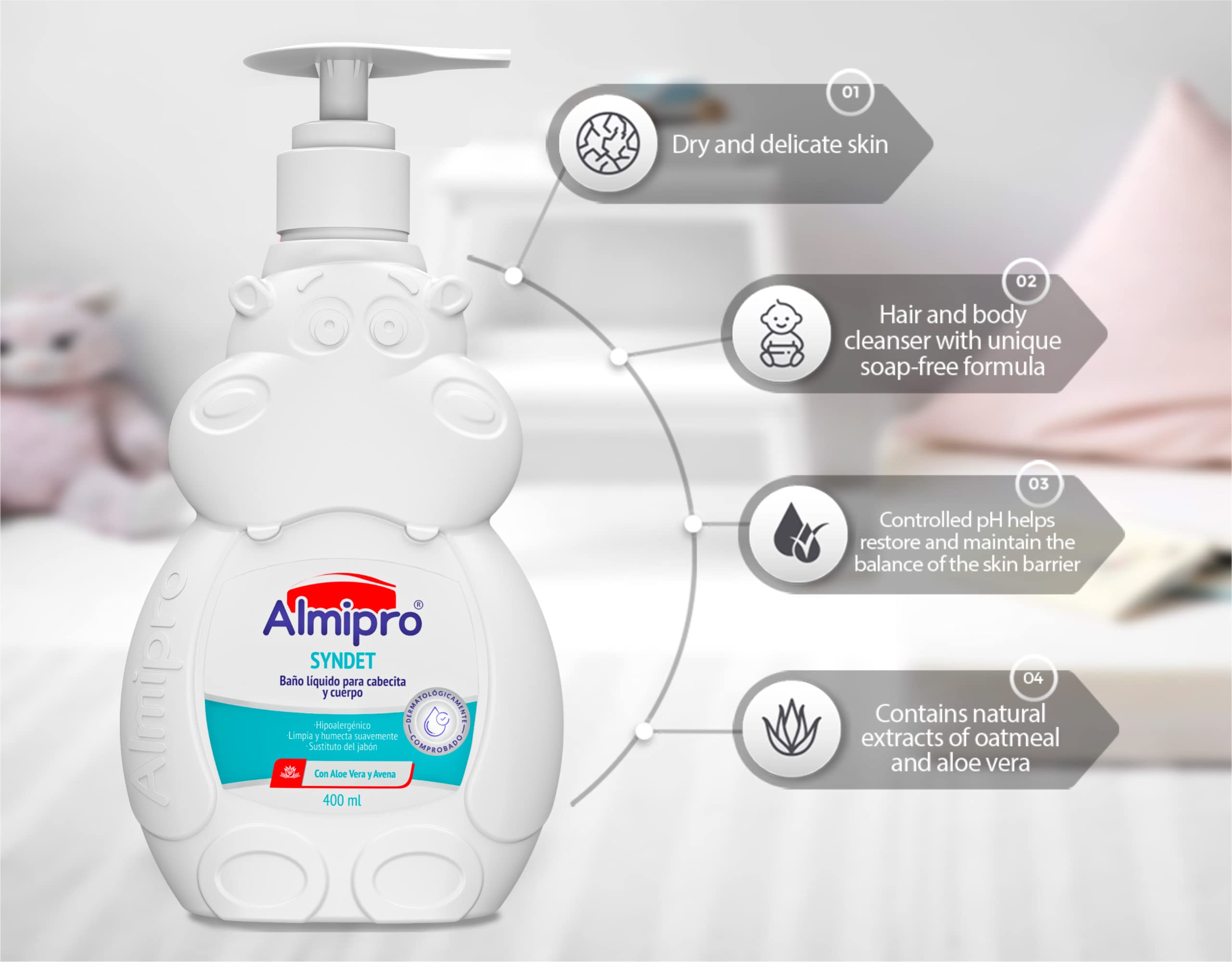 Almipro Syndet Baby Hair and Body Wash with Oatmeal and Aloe Vera. 14 Oz.