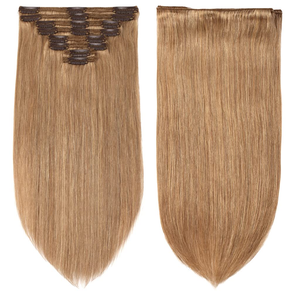 27 Dark Blonde Double Weft Clip in 100% Remy Human Hair Extensions 14''-22'' Grade 7A Full Head Thick Thickened Long Soft Silky Straight 8pcs 18clips for Women Beauty 22/22 inch 160g