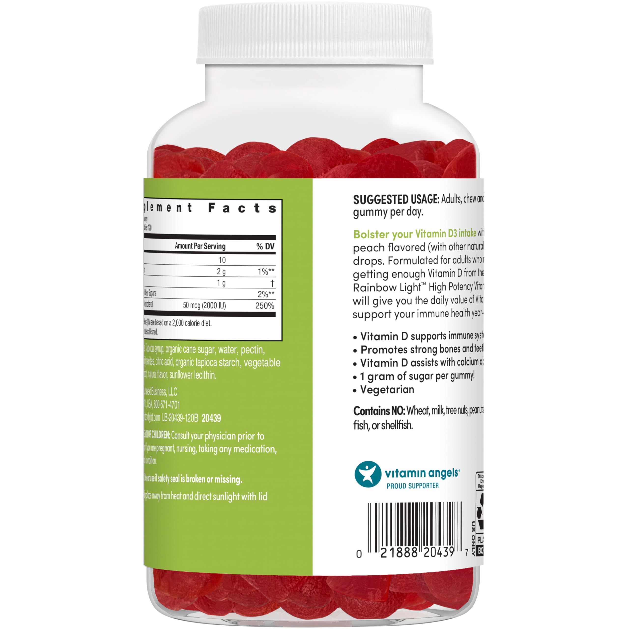 Rainbow Light Vitamin D Gummies, High Potency Vitamin D3 2,000IU Immune Health Support, Helps Support Strong Bones & Teeth, Gluten Free, Vegan, Peach, 120 Gummies