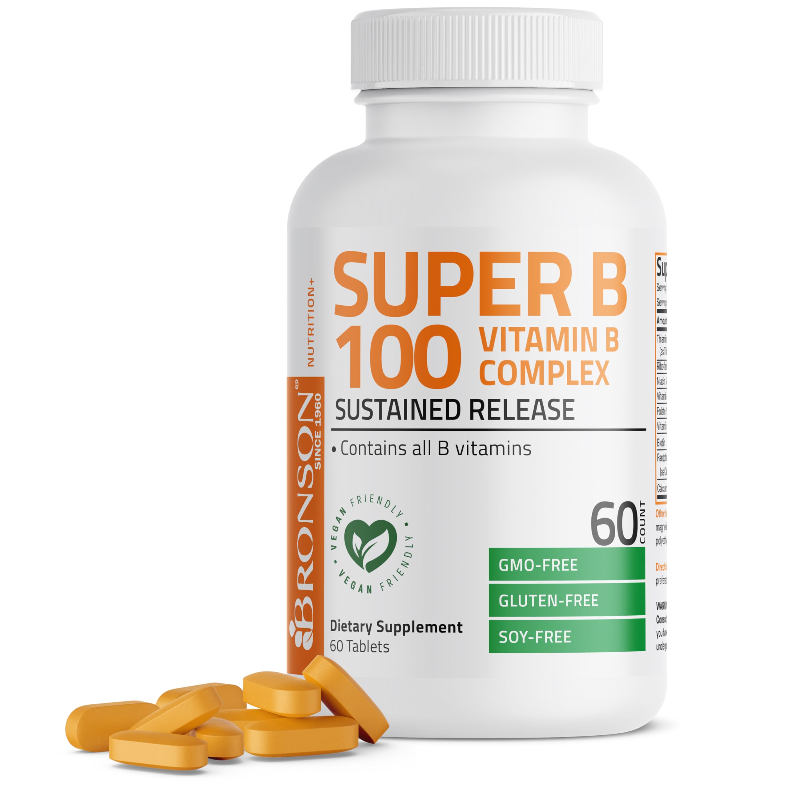 Bronson Vitamin B 100 Complex High Potency Sustained Release (Vitamin B1, B2, B3, B6, B9 - Folic Acid, B12), 60 Tablets