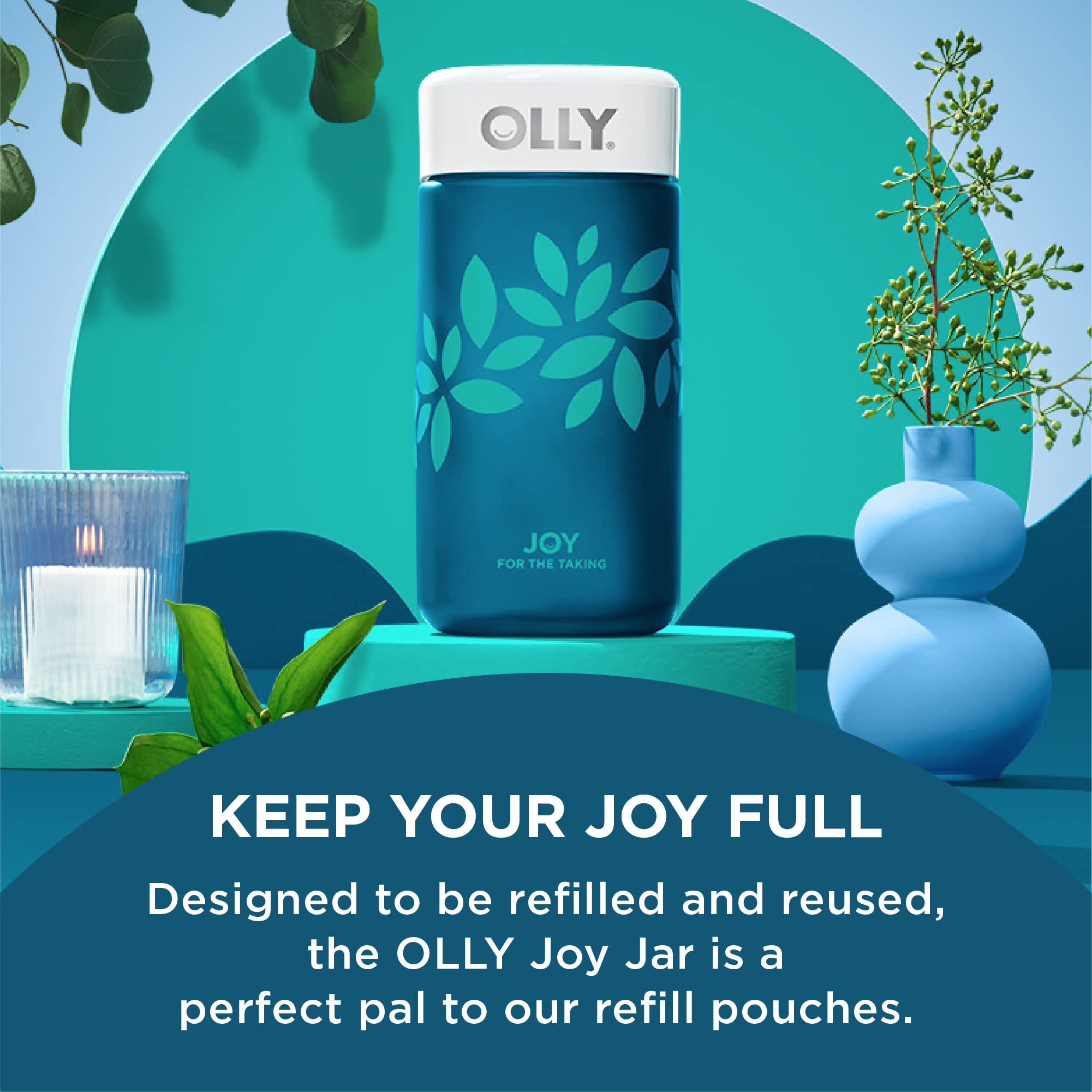 OLLY Joy Jar Gift, Easy Refillable Glass Bottle Vitamin Container, Holds Up to 120 Vitamin Gummies, Limited Edition 2022
