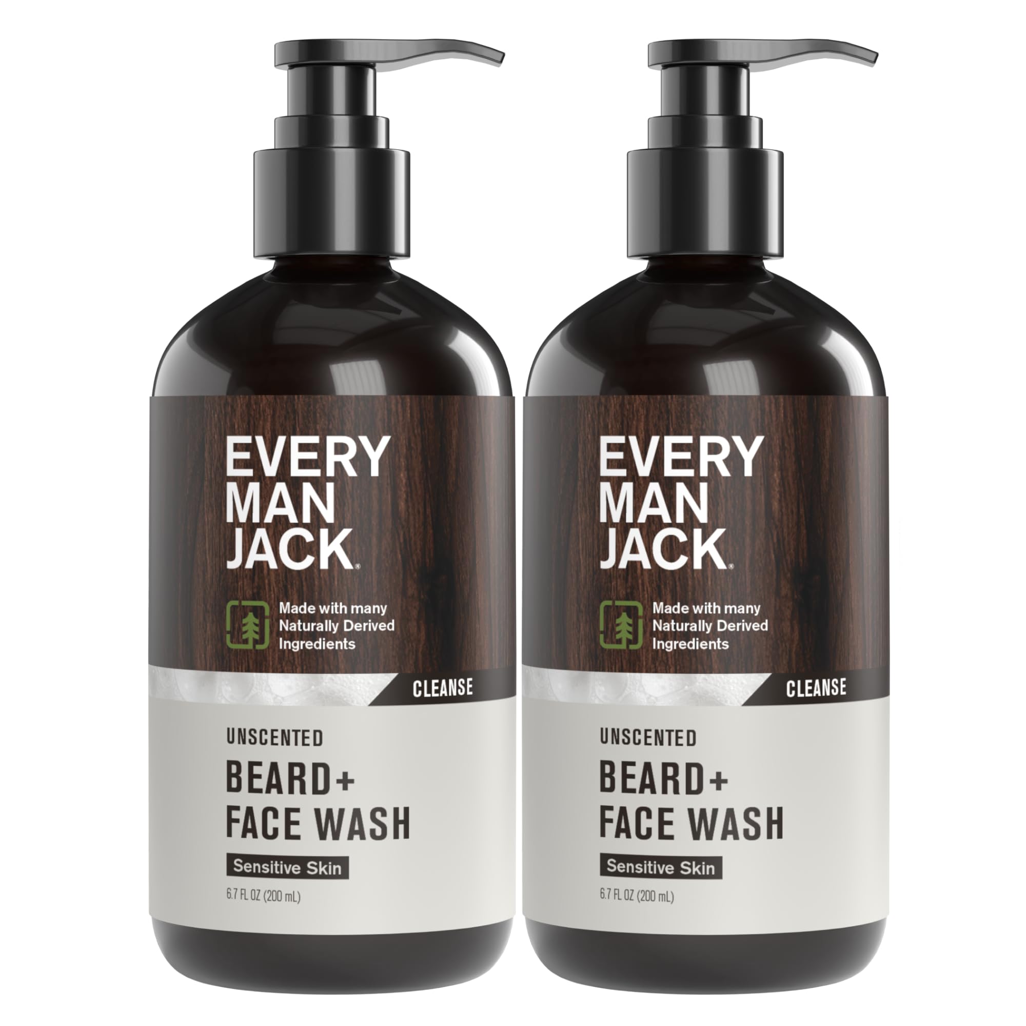 Every Man Jack Unscented Beard + Face Wash - Fragrance Free for Sensitive Skin - Naturally Cleanse and Condition Your Beard and Skin - 6.7-ounce (2 pack)