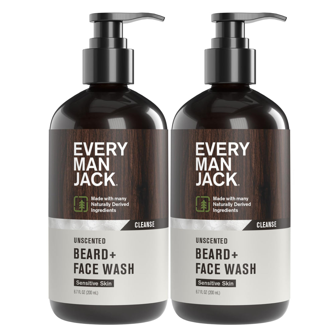 Every Man Jack Unscented Beard + Face Wash - Fragrance Free for Sensitive Skin - Naturally Cleanse and Condition Your Beard and Skin - 6.7-ounce (2 pack)