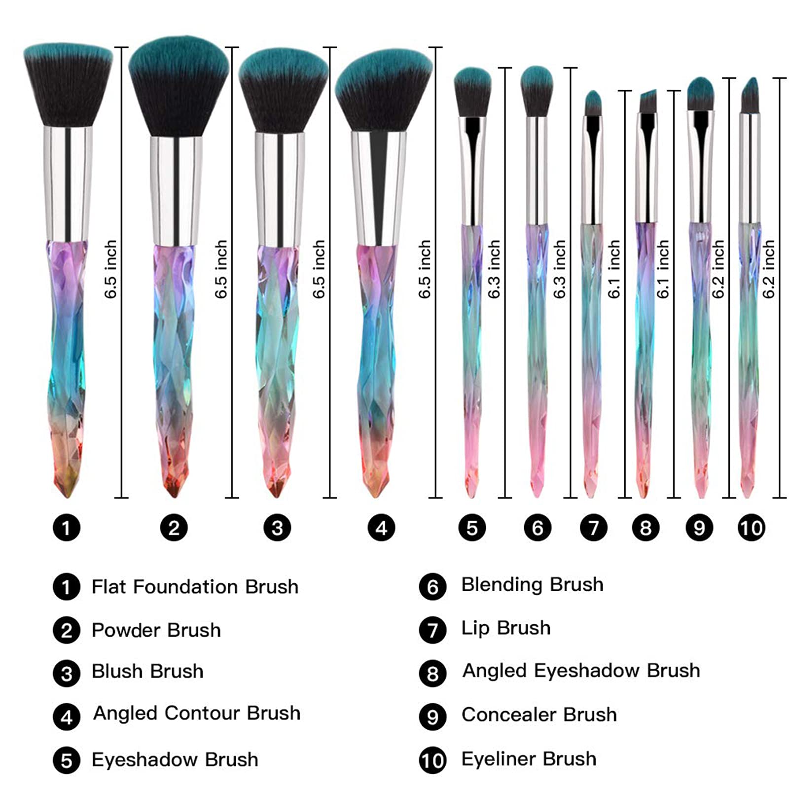 Daxstar Makeup Brushes Crystal Handle,10pcs Colorful Professional Diamond Cosmetic Brush Set for Kabuki Concealer Face Powder Eye Shadow Highlight Blue Unicorn Brush Kit for Make-up