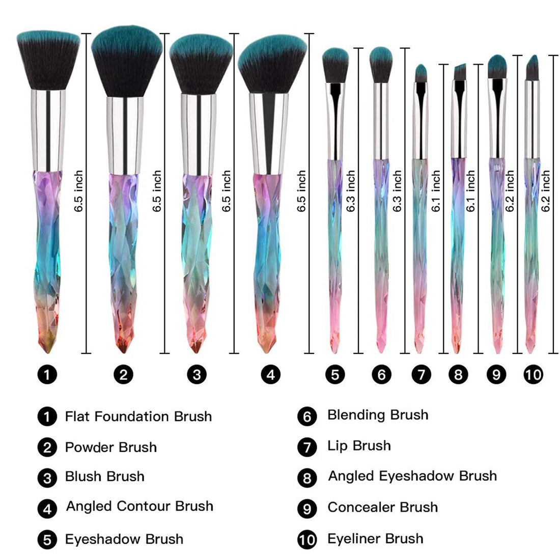Daxstar Makeup Brushes Crystal Handle,10pcs Colorful Professional Diamond Cosmetic Brush Set for Kabuki Concealer Face Powder Eye Shadow Highlight Blue Unicorn Brush Kit for Make-up