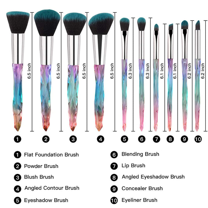 Daxstar Makeup Brushes Crystal Handle,10pcs Colorful Professional Diamond Cosmetic Brush Set for Kabuki Concealer Face Powder Eye Shadow Highlight Blue Unicorn Brush Kit for Make-up
