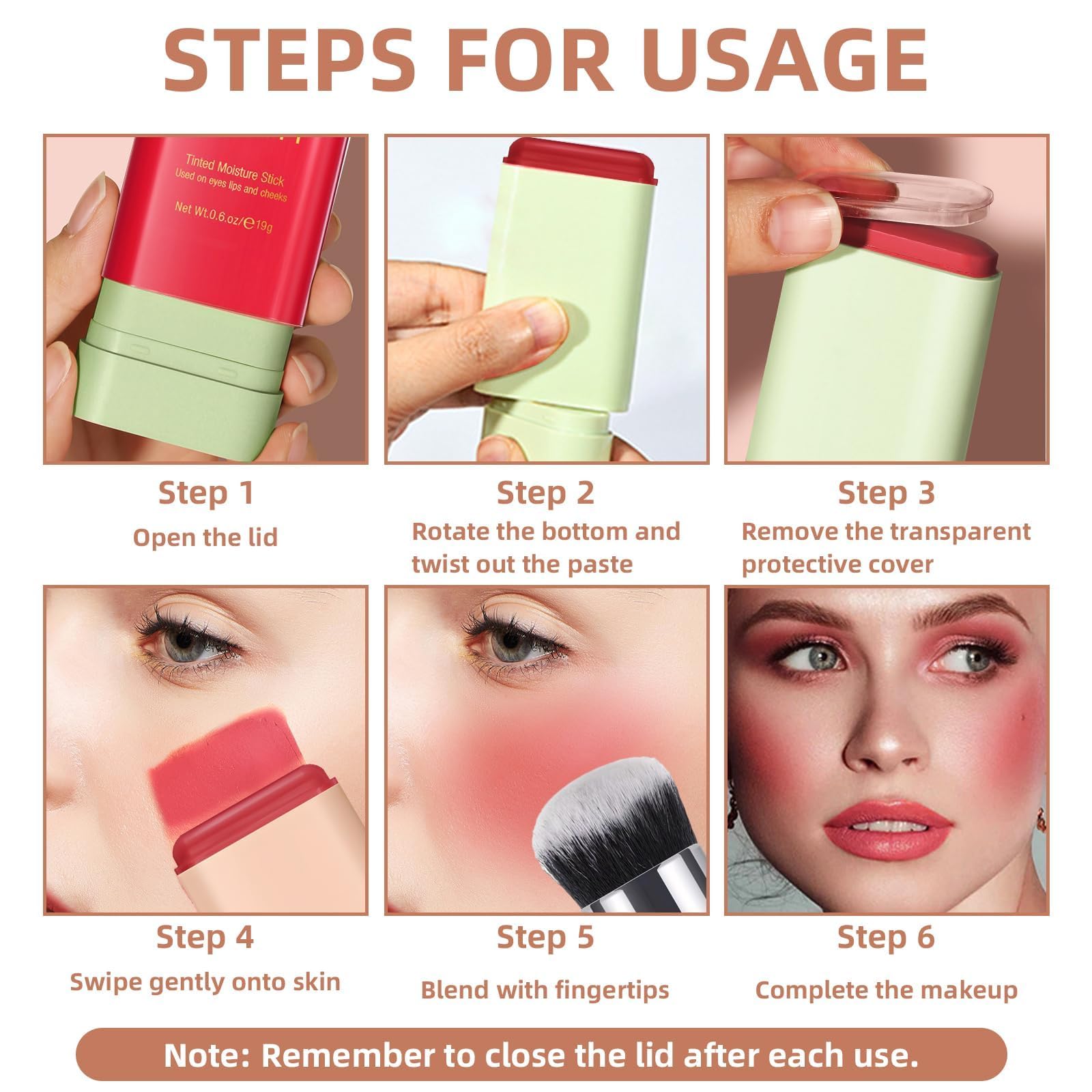 HOSAILY Cream Blush Stick for Cheeks, Eyes & Lips, Multi-Use Tinted Moisturizer, Natural Glow Blendable Blusher with Brush - Hot Red