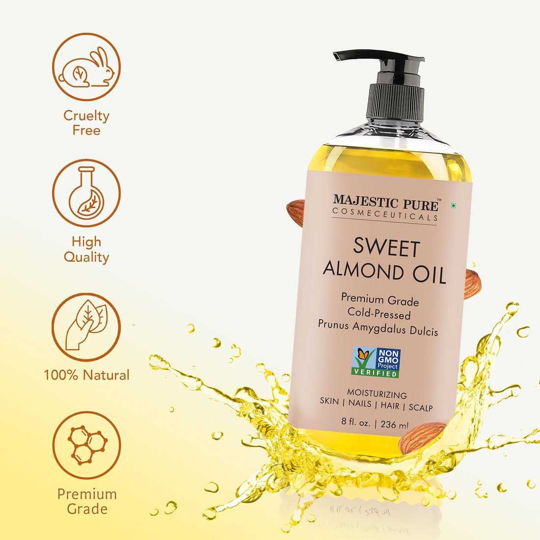 Majestic Pure Sweet Almond Oil | 100% Pure & Natural Cold Pressed Oil Sweet Almond Oil for Skin, Face, Nails, Hair, Scalp & Massage | 8 fl oz