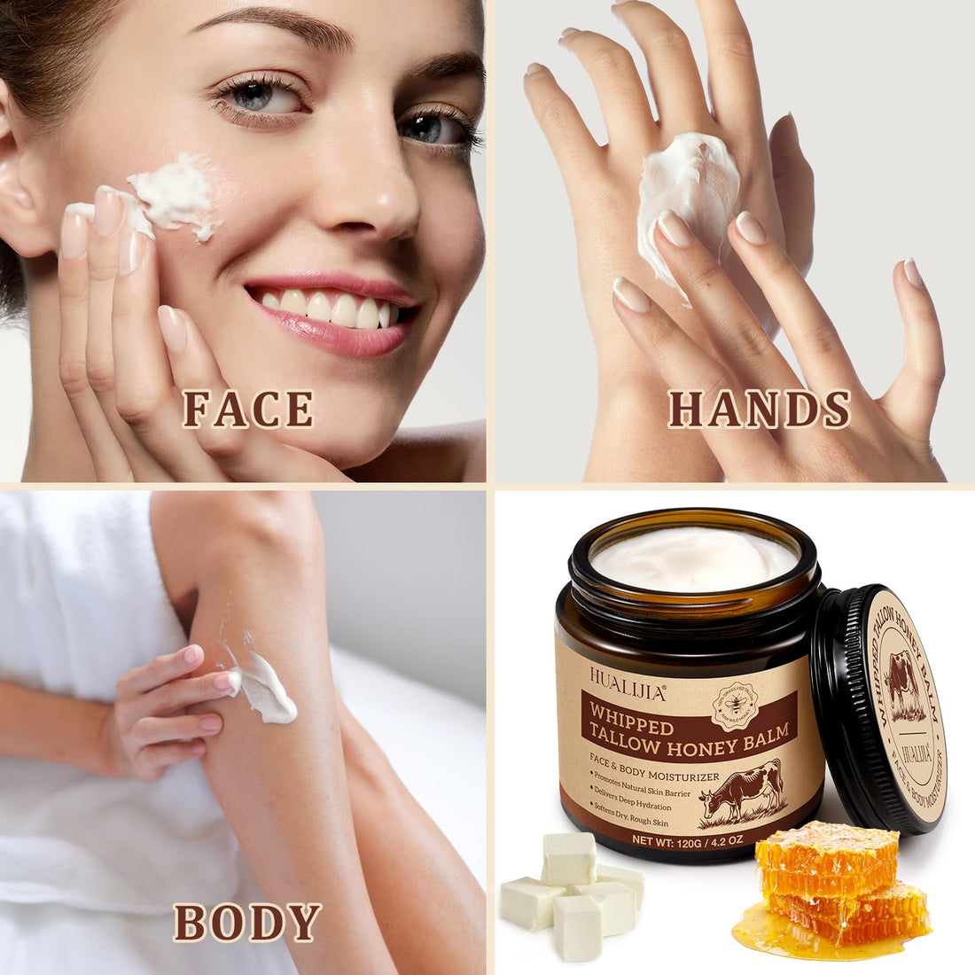 NIFEISHI Tallow and Honey Balm, Grass Fed Beef Tallow for Skin, Whipped Tallow Honey Balm for Face and Body, Organic Moisturizer, Fast Absorption, 120g/4.2 oz