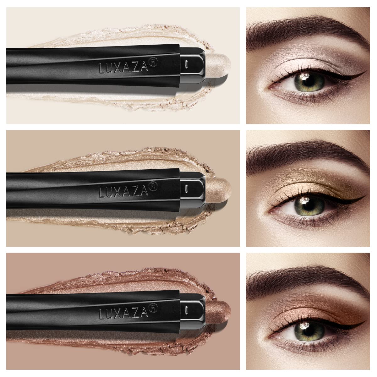 LUXAZA 3PCS Eyeshadow Stick,Champagne Metallic And Shimmer Eye shadow Pencil Crayon Brightener Makeup with Crease-proof Formula,Waterproof & Long Lasting Eye Shadow And Eyeliner Pen Set