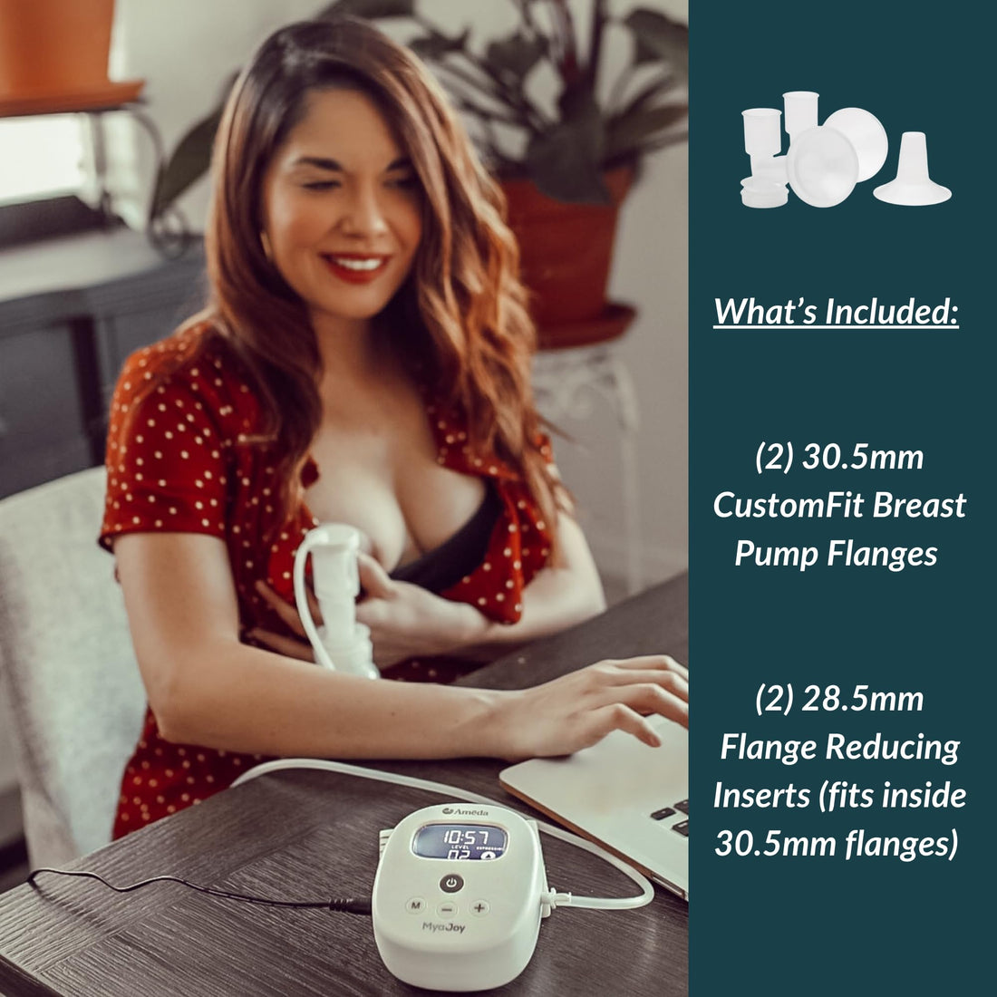 Ameda CustomFit Breast Flanges Medium/Large | Includes (2) 30.5mm Breast Pump Flanges & (2) 28.5mm Flange Inserts | Fits HygieniKit and MYA Joy, MYA Joy Plus & Pearl Breast Pumps | BPA and DEHP Free