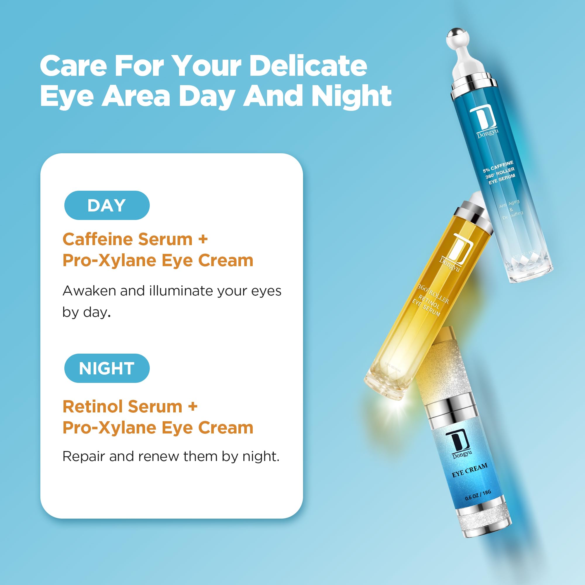 Dongyu Caffeine Eye Cream Set: Eye Serum Kit for Dark Circles Puffiness - Anti Aging Eye Cream Set for Fine Lines Wrinkles Day Night Use - Self Care Gifts for Women Birthday Gifts for Her