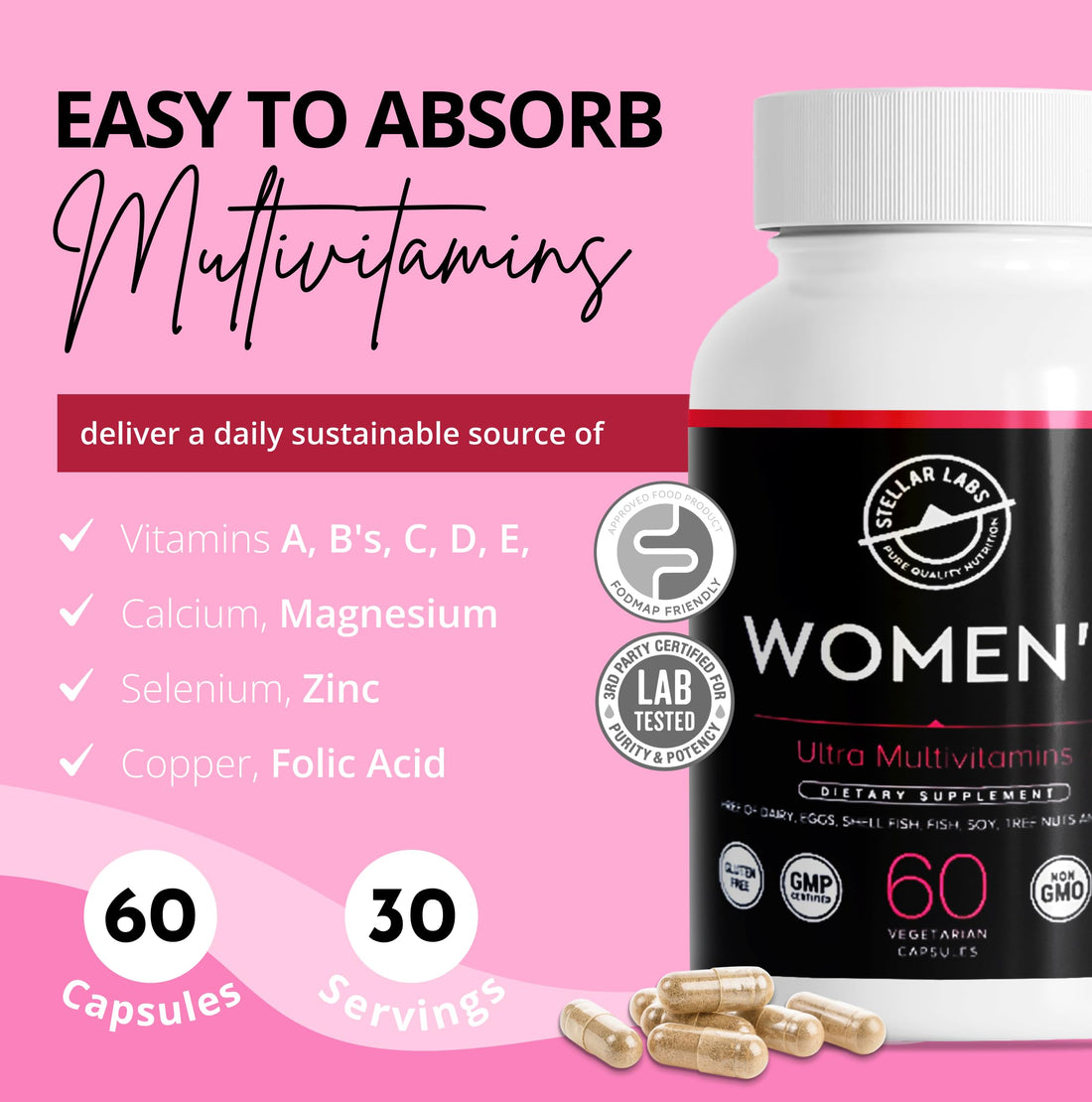 Stellar Labs Low FODMAP Vegan Women's Ultra Multi-Vitamin | Easy to Digest Daily Multivitamin Without Iron | Low Energy Supplement, Female Support | Easy to Swallow Veggie Capsules | 60 Count