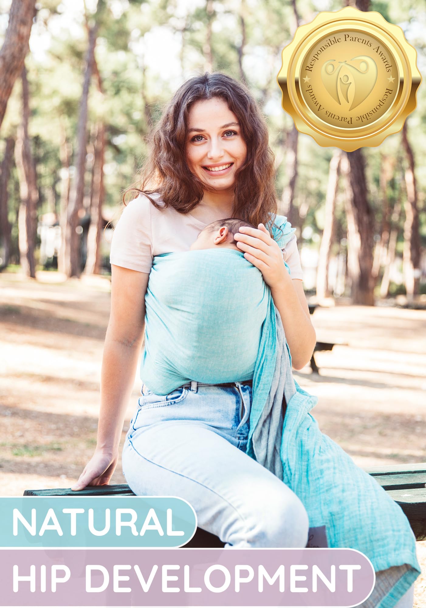 Ring Sling Baby Carrier 100% Cotton Muslin Front and Chest Newborn to Toddler Carrier and Baby Sling (Grey Turquoise)