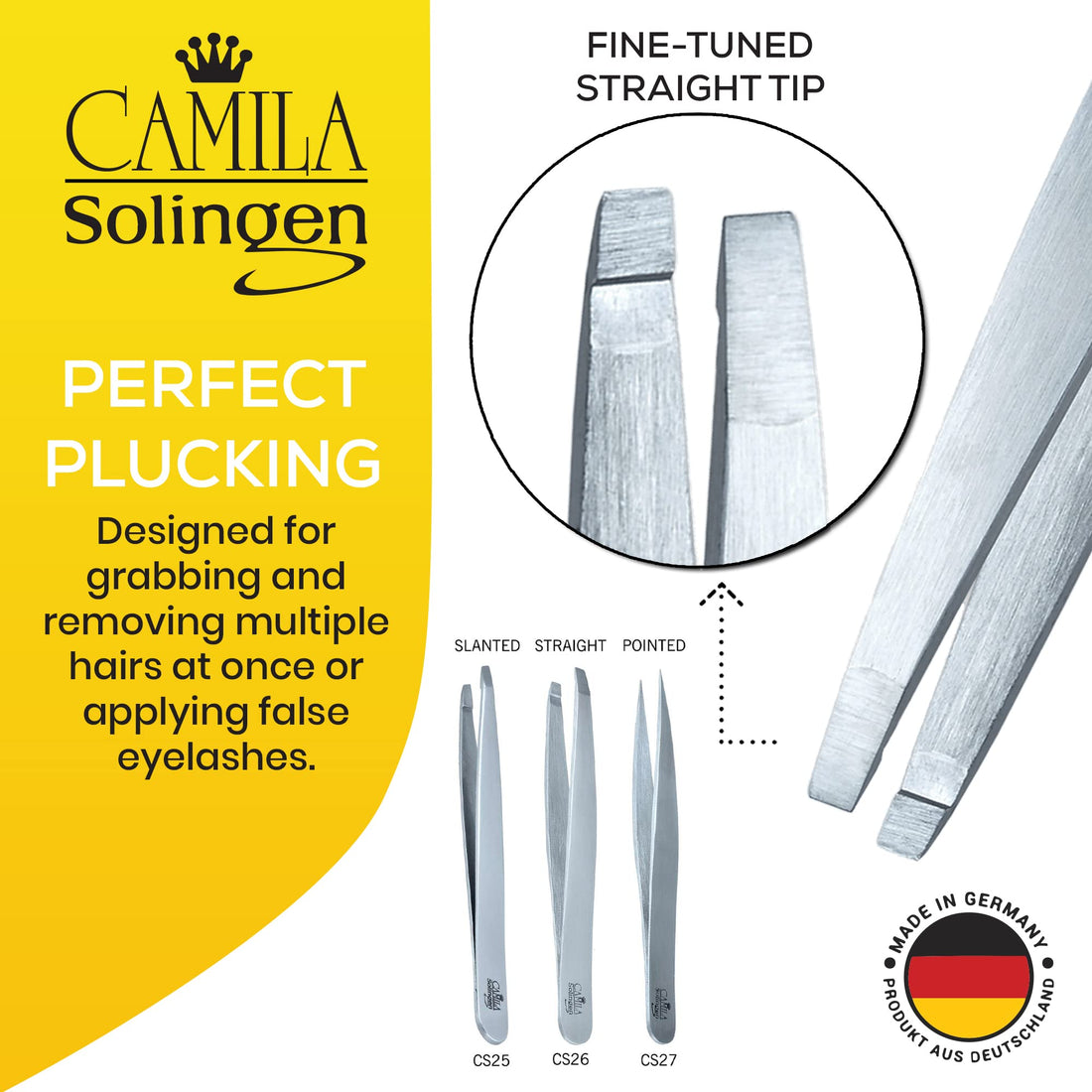 Camila Solingen CS26 4 Professional Surgical Grade Stainless Steel Precision Tip Eyebrow Tweezers for Facial Hair Shaping & Removal. Beauty Tool for Men/Women. Made in Solingen Germany (Straight)