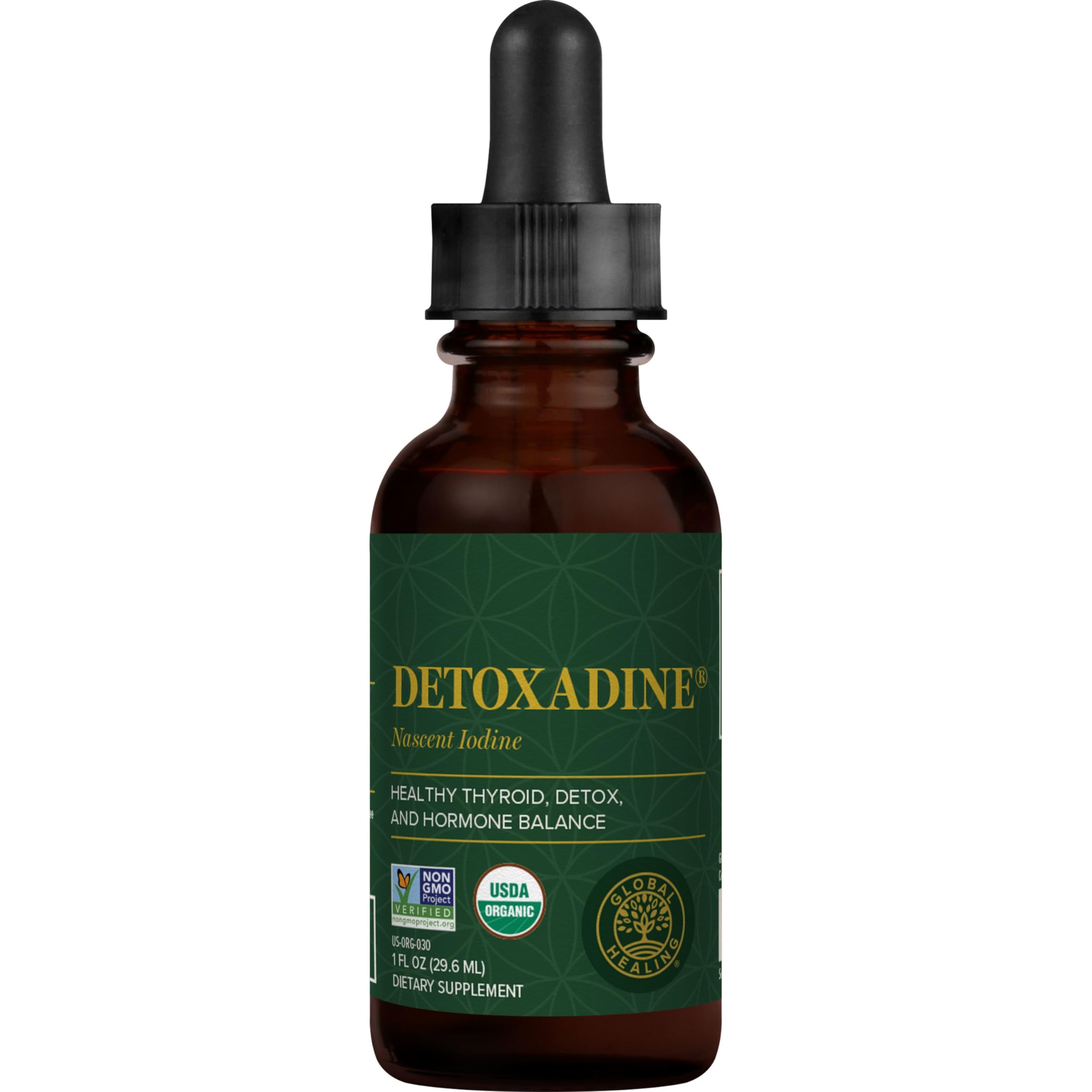 Global Healing Detoxadine - Organic Nascent Liquid Iodine Supplement Drops for Thyroid Support, Detox Cleanse, Metabolism Health and Better Sleep - Non-GMO, Vegan, 200 Servings Iodine Drops (1 Oz)