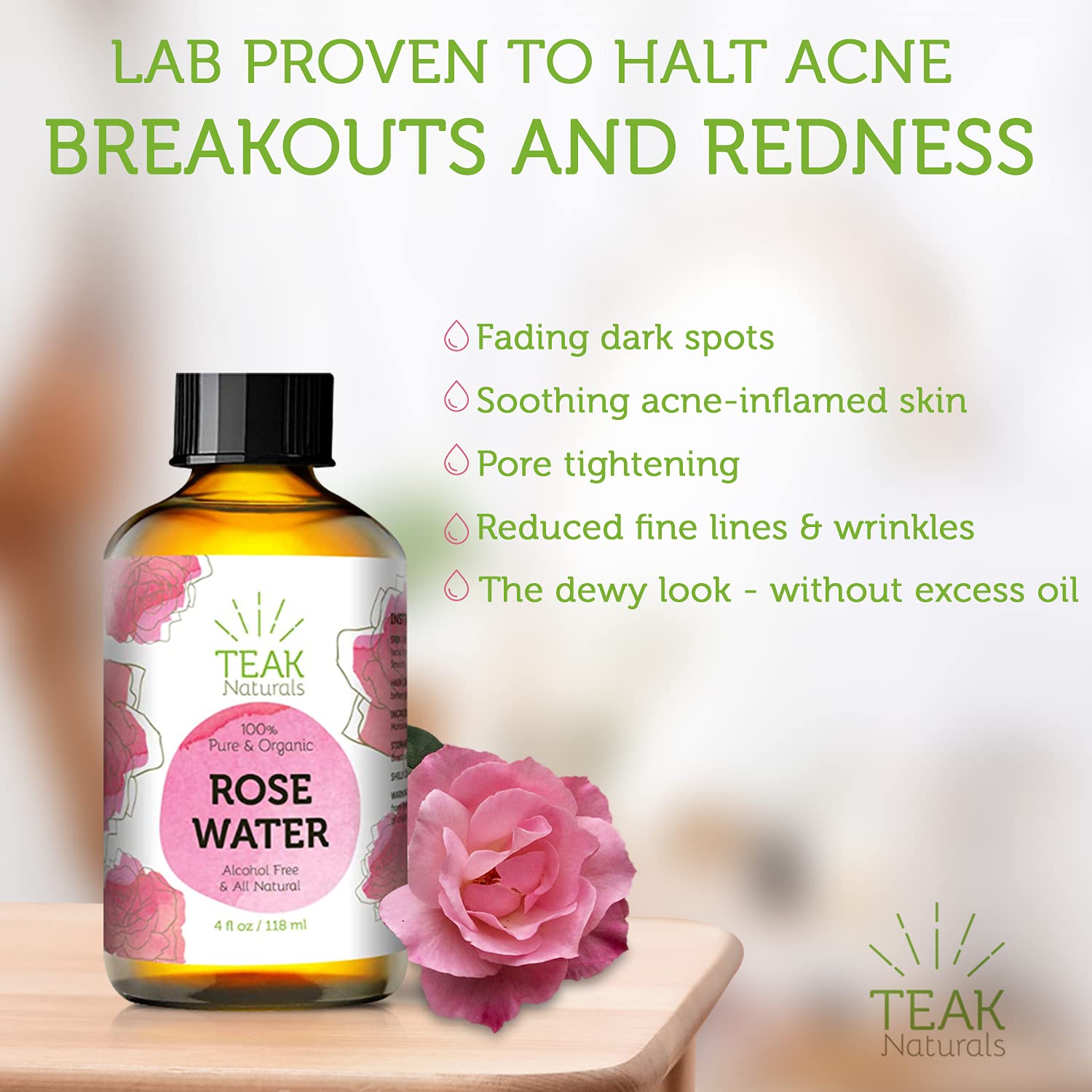 118 ml : ROSE WATER TONER by Teak Naturals - 100% Organic Natural Moroccan Rosewater (Chemical Free) - 4 oz