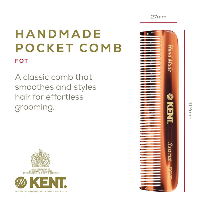Kent A FOT Handmade All Fine Tooth Pocket Comb for Men, Women and Kids, Hair Comb Straightener for Everyday Grooming and Styling Hair, Mustache and Beard, Saw Cut and Hand Polished, Made in England