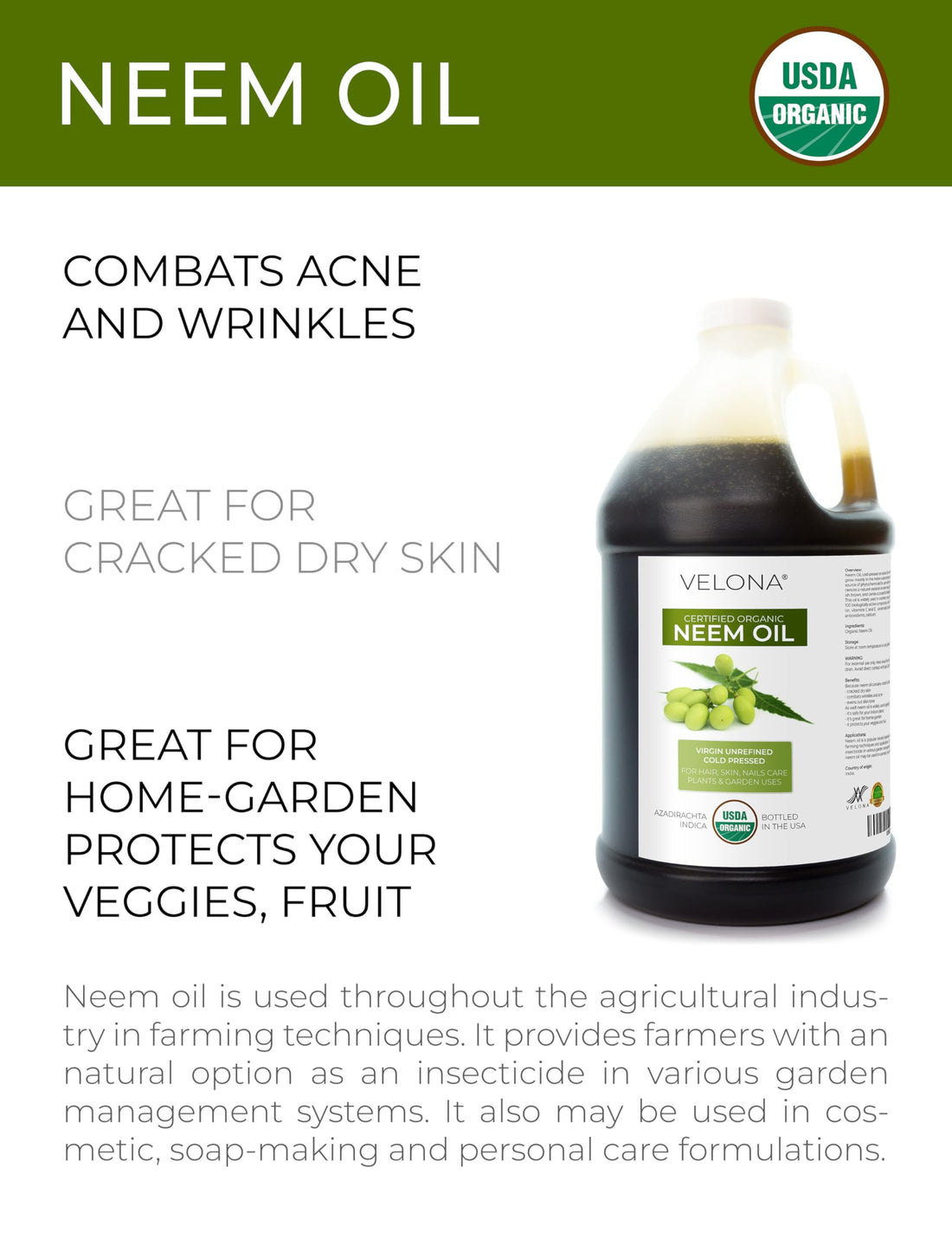 velona Neem Oil USDA Certified Organic - 1 Gallon / 128 Fl Oz | 100% Pure and Natural Carrier Oil | Virgin, Unrefined, Cold Pressed | Hair, Body and Skin Care | Use Today - Enjoy Results
