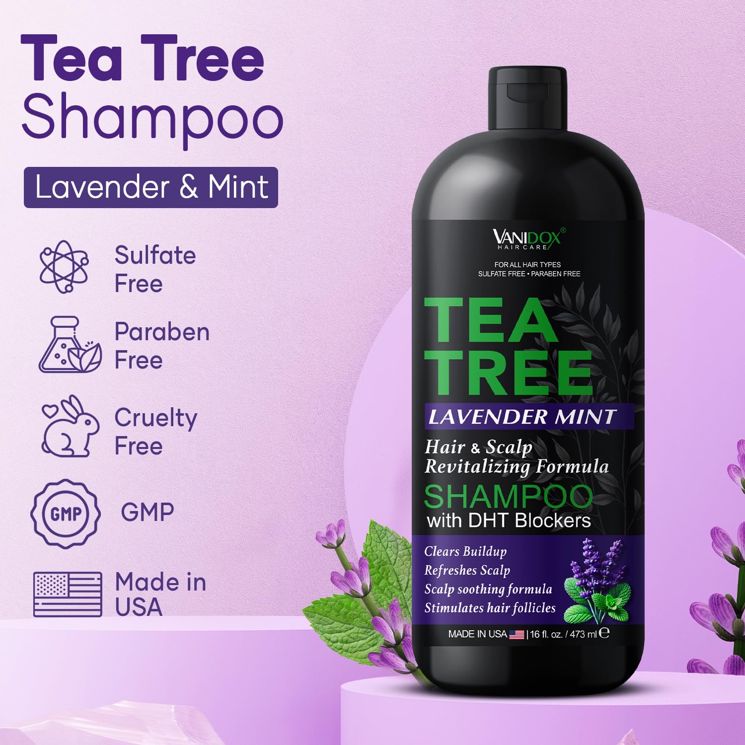 VANIDOX Tea Tree Lavender Mint Shampoo with 100% Pure Tea Tree Oil for Itchy, Dry Scalp - Deep Moisturizing & Cleansing - Sulfate & Paraben Free - Made in USA - 16 fl oz