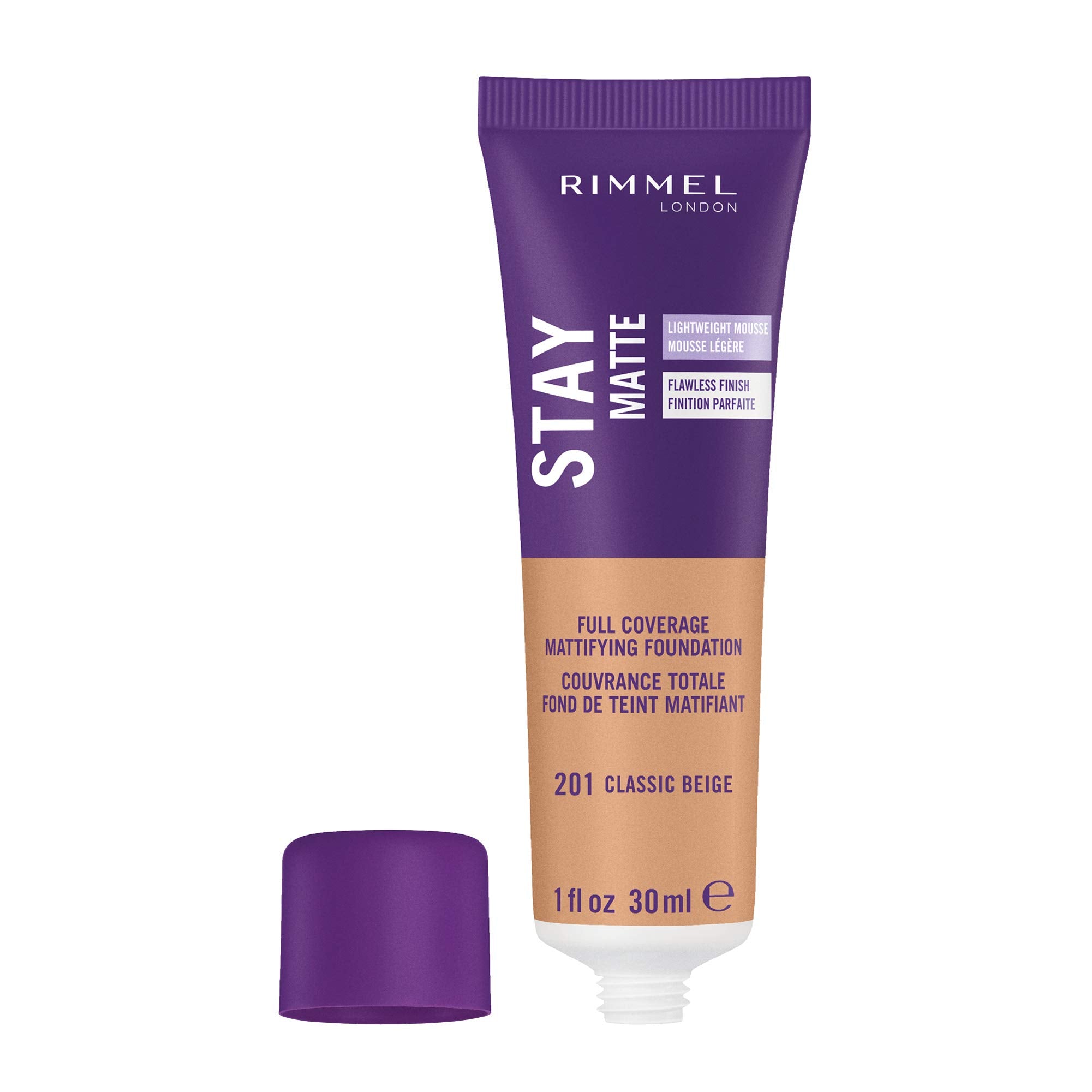 Rimmel London Stay Matte Liquid Mousse - 201 Classic Beige - Foundation, Lightweight, Shine Control, Oil-Free, 1oz
