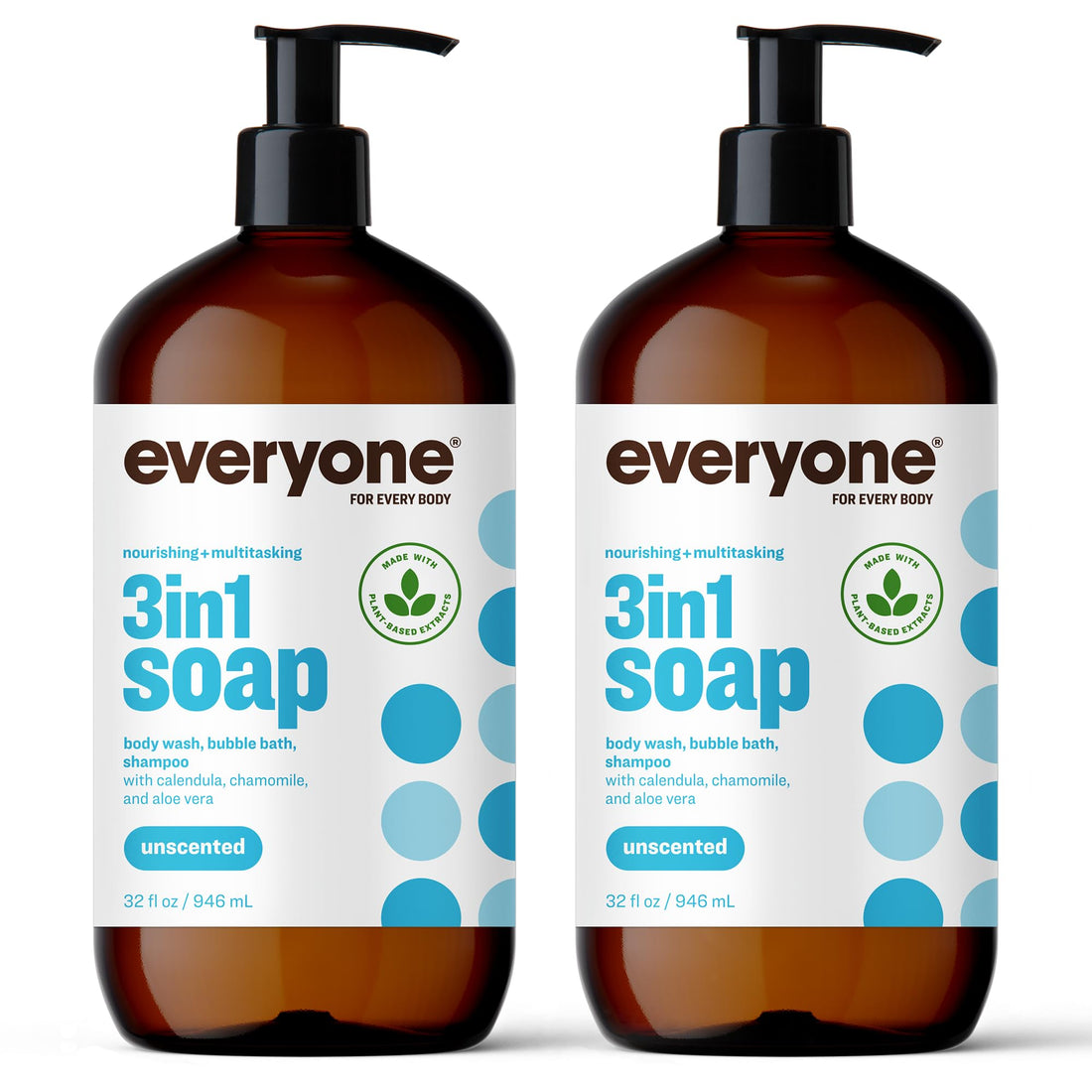 Everyone 3-in-1 Soap, Body Wash, Bubble Bath, Shampoo, 32 Ounce (Pack of 2), Unscented, Coconut Cleanser with Plant Extracts and Pure Essential Oils