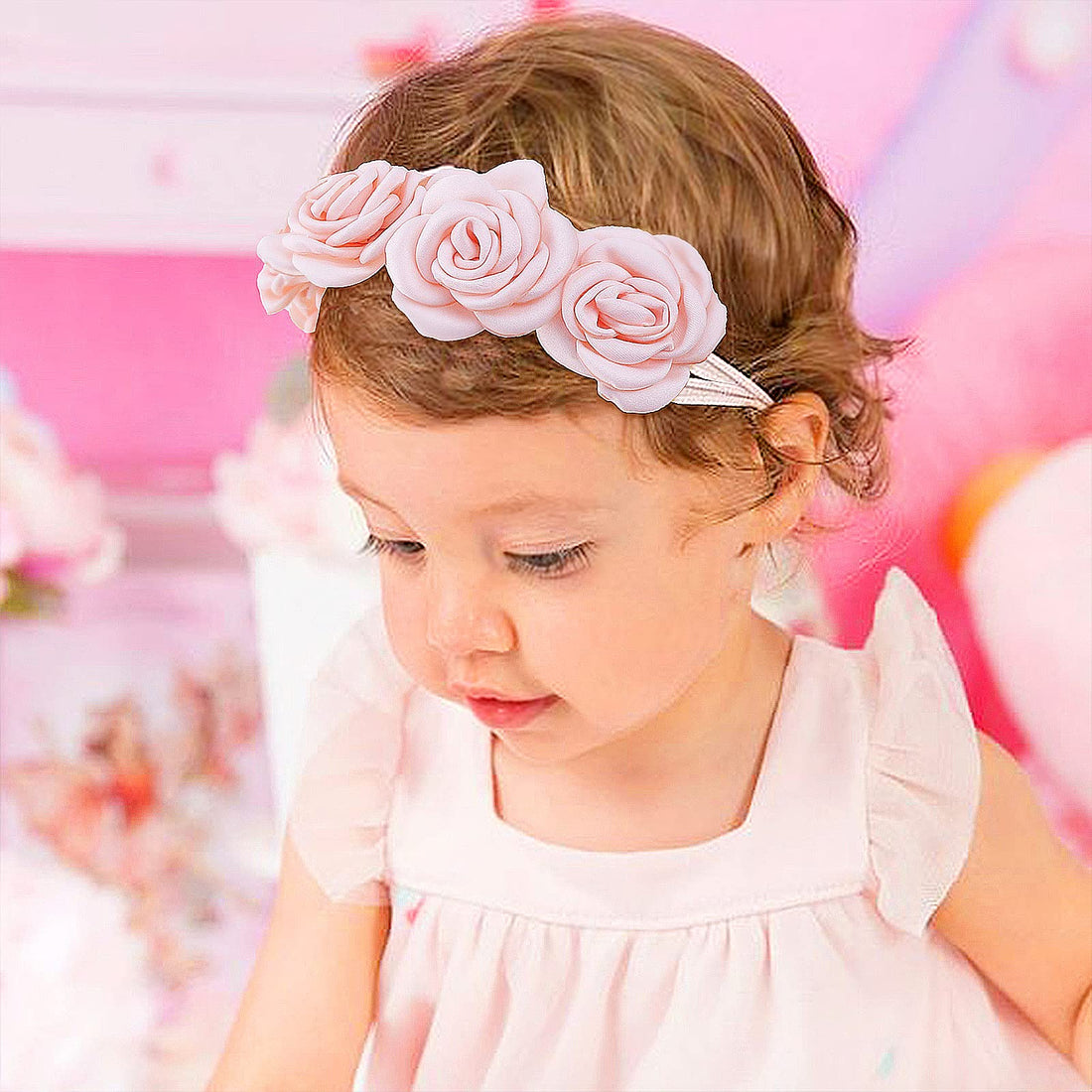 mligril 3pcs Baby Girl Floral Headbands Set-Elastic Hair Band Crown Flower Wraps for Newborn Infant Toddler (3, Pink)