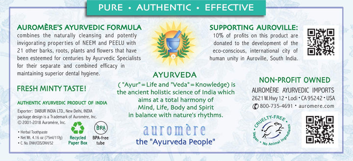 Auromere Ayurvedic Herbal Toothpaste, Fresh Mint - Vegan, Natural, Non GMO, Fluoride Free, Gluten Free, with Neem & Peelu (4.16 oz), 1 Pack