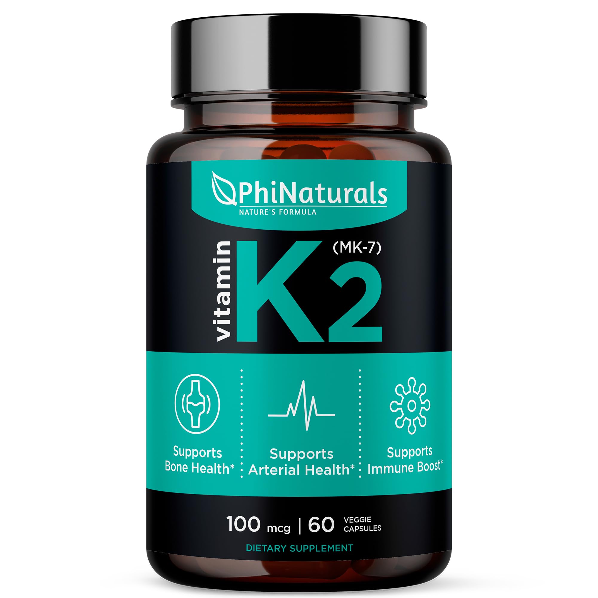PhiNaturals Vitamin K2 Mk7 100 mcg Vegan 60 Capsules Bone Health Heart Cardiovascular Arteries - VIT k-2 MK-7 100mcg Supplement from Natto