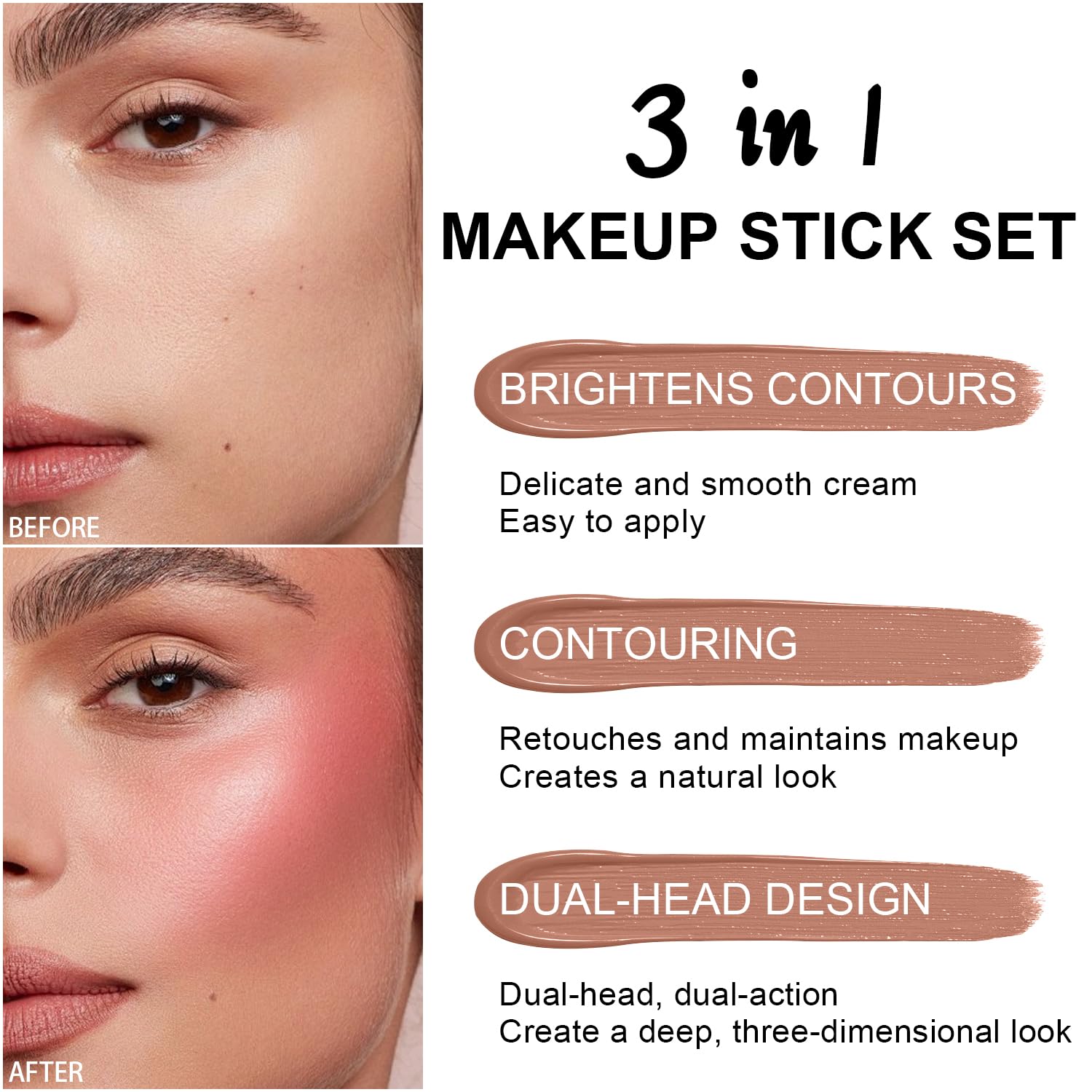 6 Colors Cream Contour Stick Makeup Kit,Shades with Highlighter,Blush,Bronzer Contour Stick for Sculpt the Cheeks,Long Lasting,Waterproof,Matte & Dewy Finish for Woman (SET A)